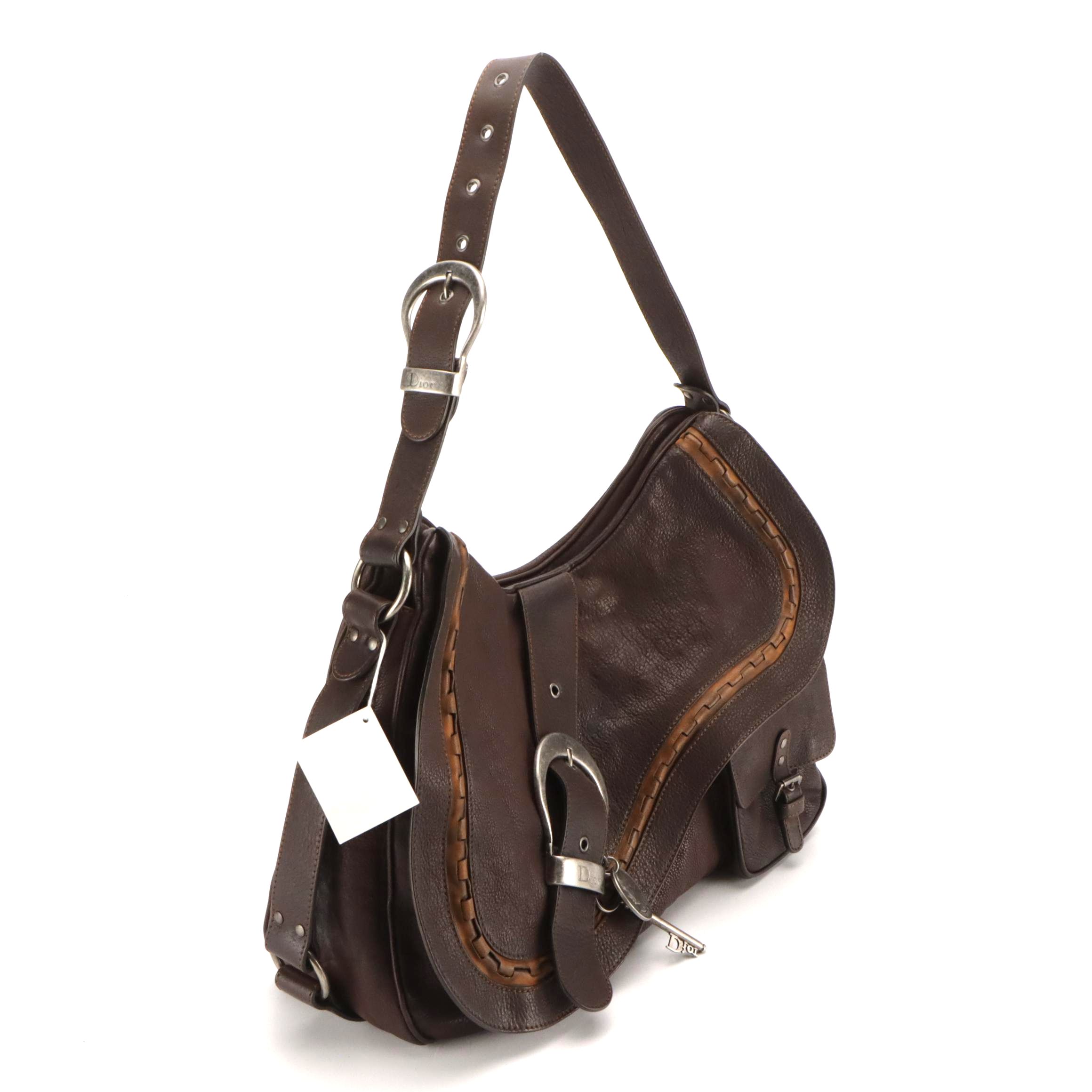 Christian Dior Gaucho Saddle Bag in Distressed Brown Leather with Tan Accents