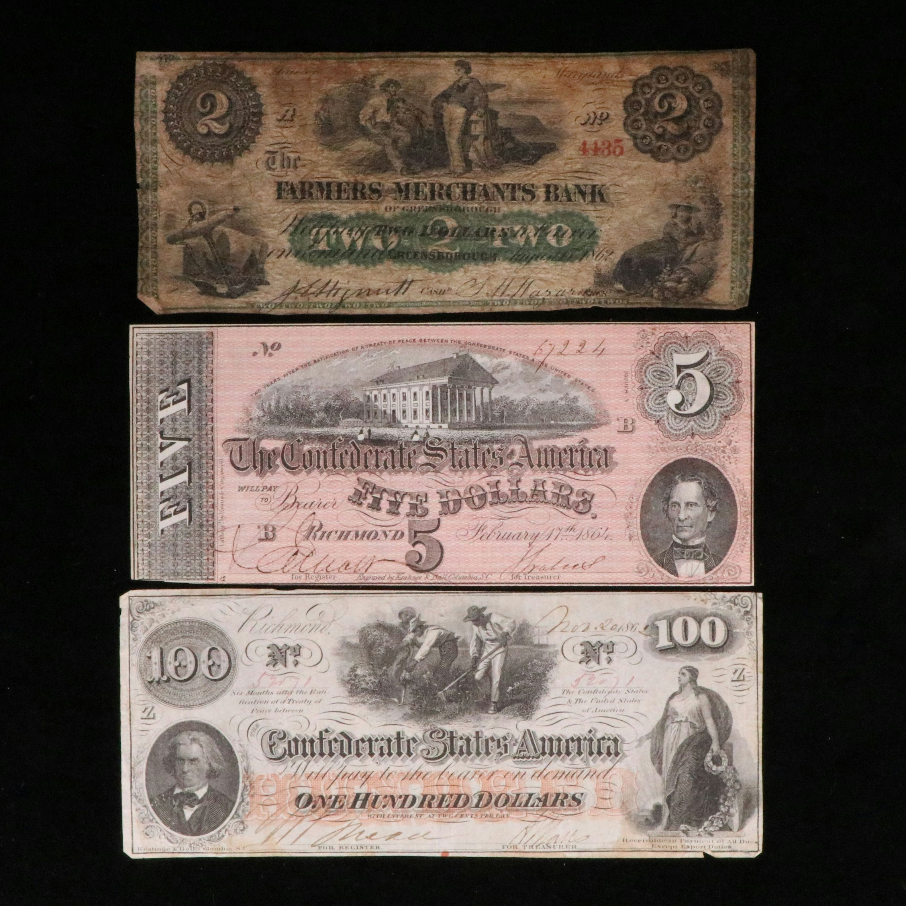 Two Confederate Banknotes and One Obsolete Banknote, 1860s