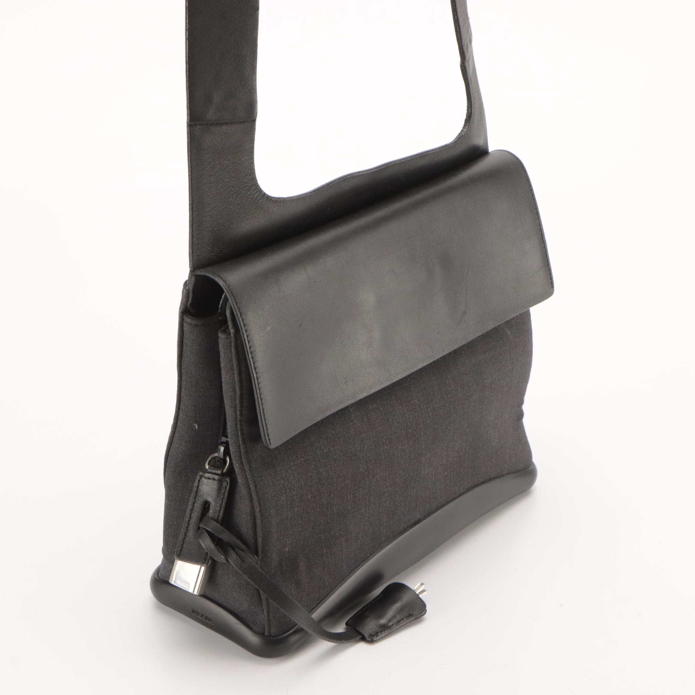 Prada Crossbody Messenger Bag in Charcoal Canvas and Black Calfskin Leather