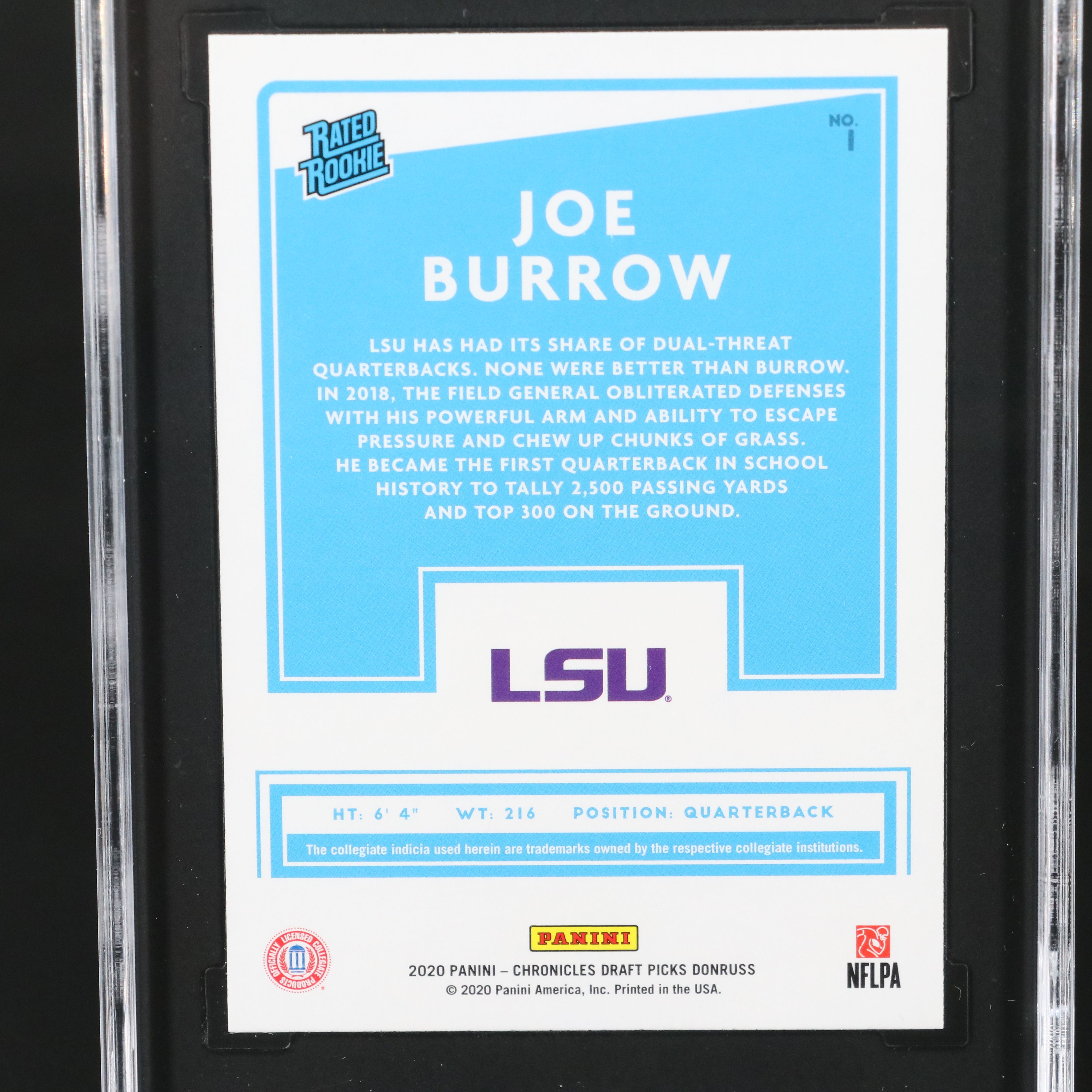 2020 Chronicles Draft Picks Joe Burrow Donruss Rated Rookie Card Graded SGC 10