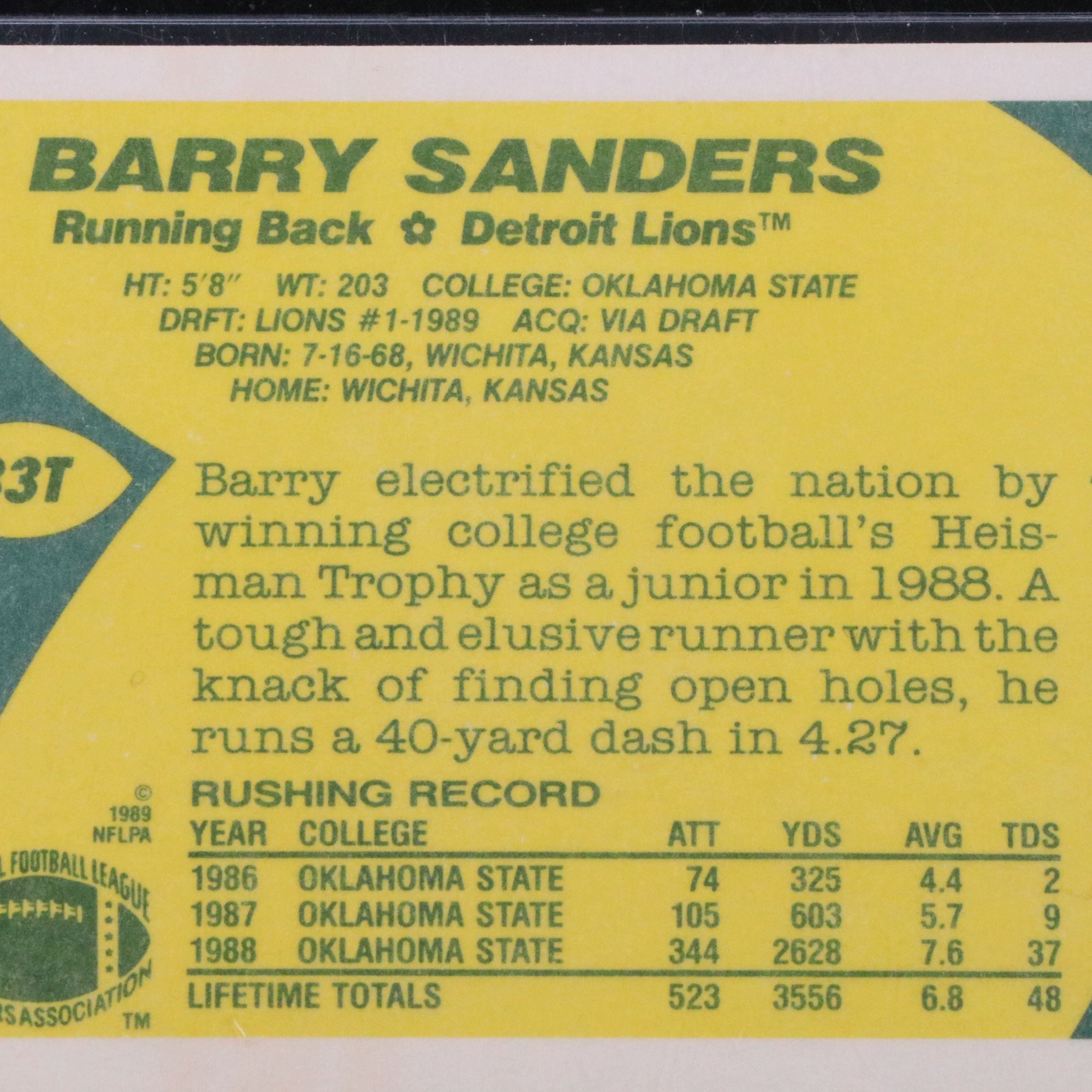1989 Topps Traded Barry Sanders Detroit Lions Rookie Football Card