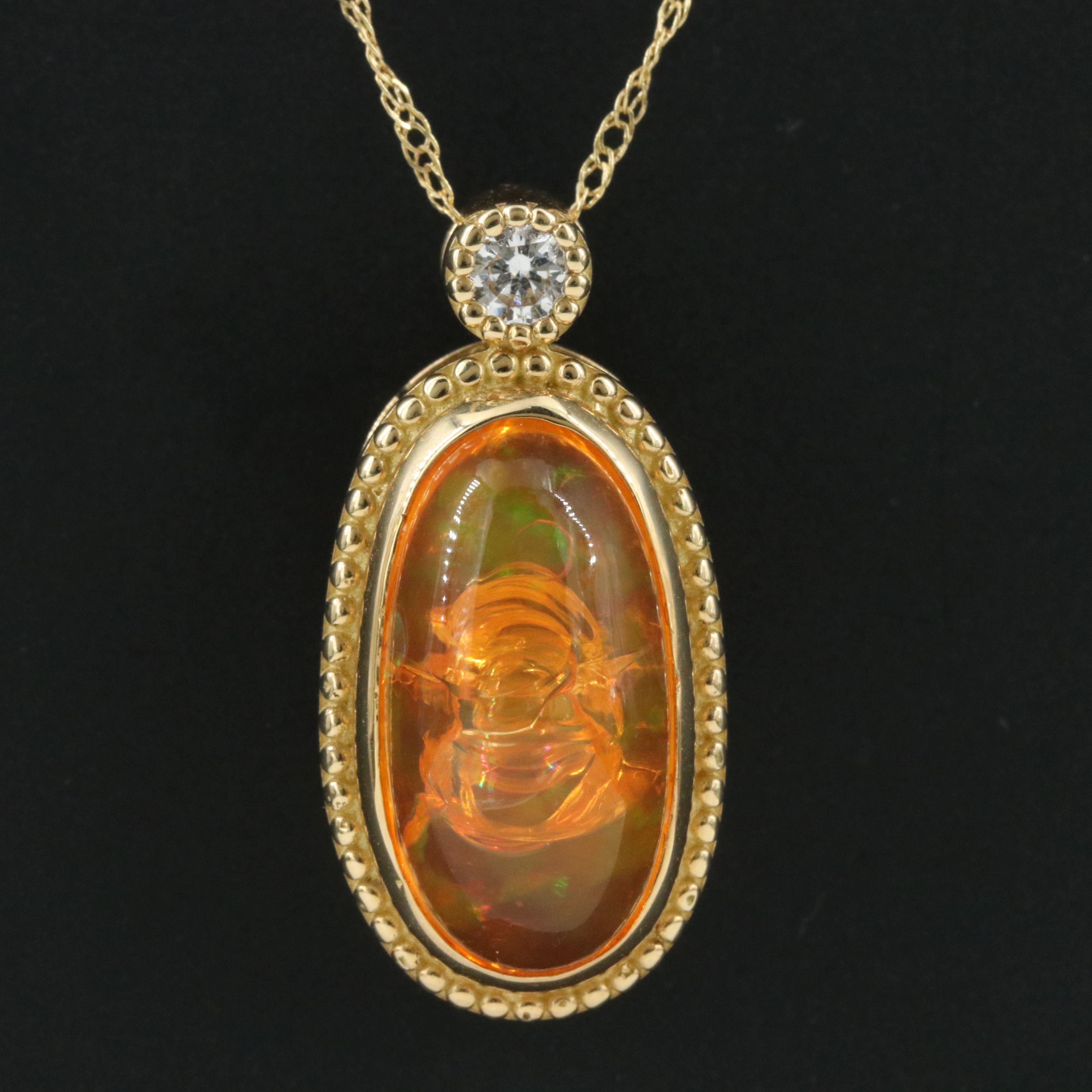 18K Fire Opal and Diamond Pendant Necklace