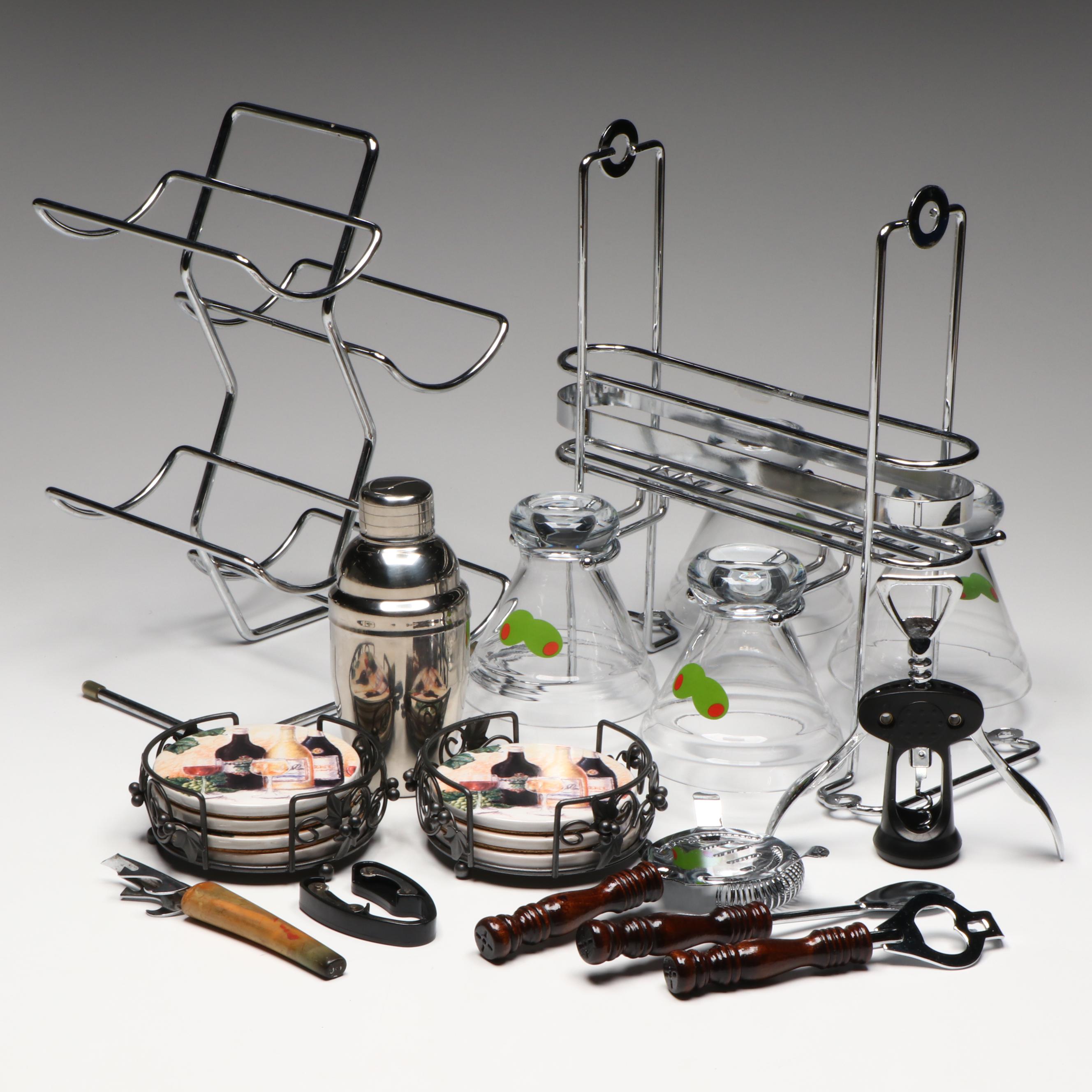 Martini Glasses with Caddy, Coasters, Wine Bottle Holder and More