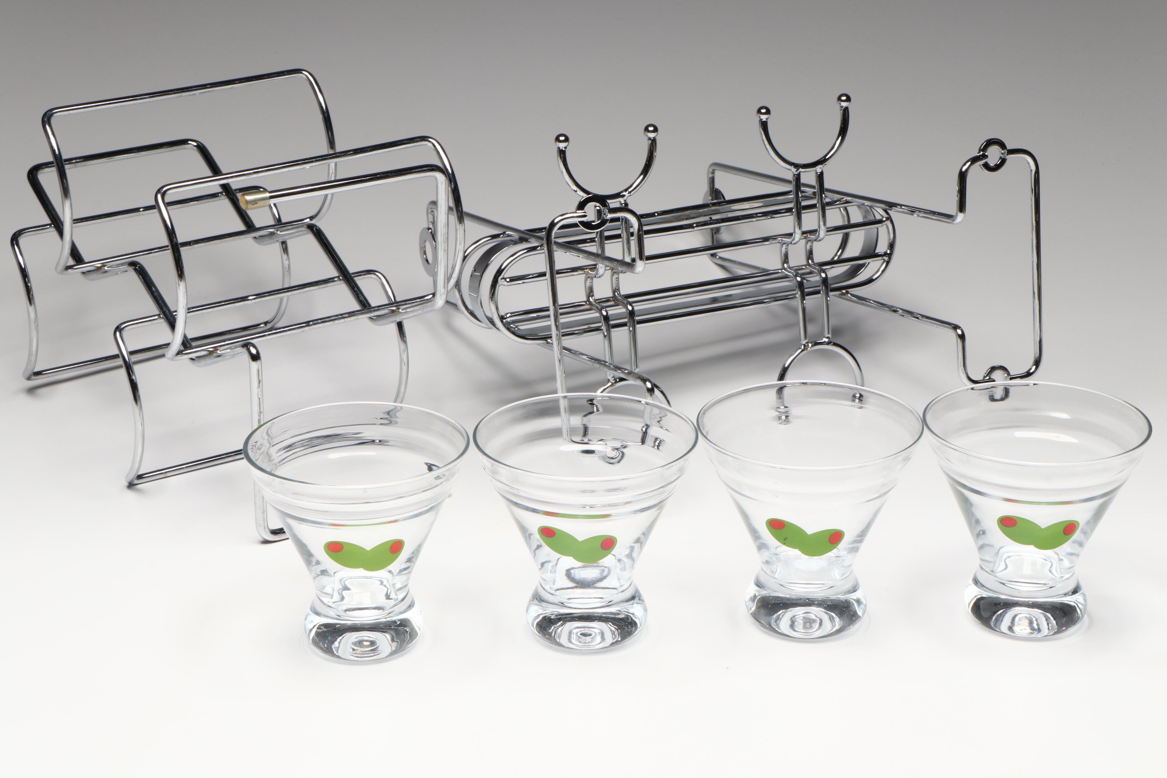 Martini Glasses with Caddy, Coasters, Wine Bottle Holder and More