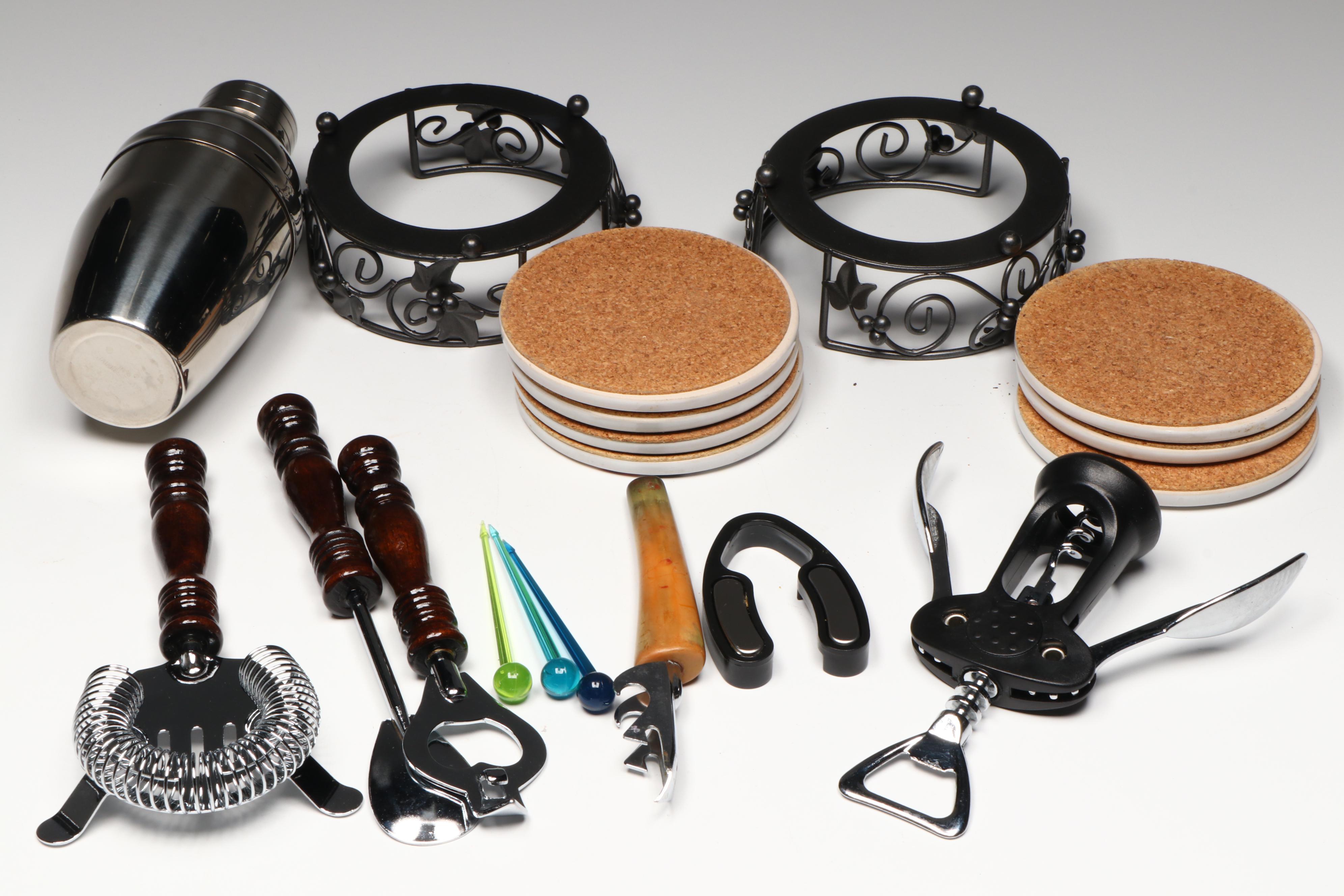 Martini Glasses with Caddy, Coasters, Wine Bottle Holder and More