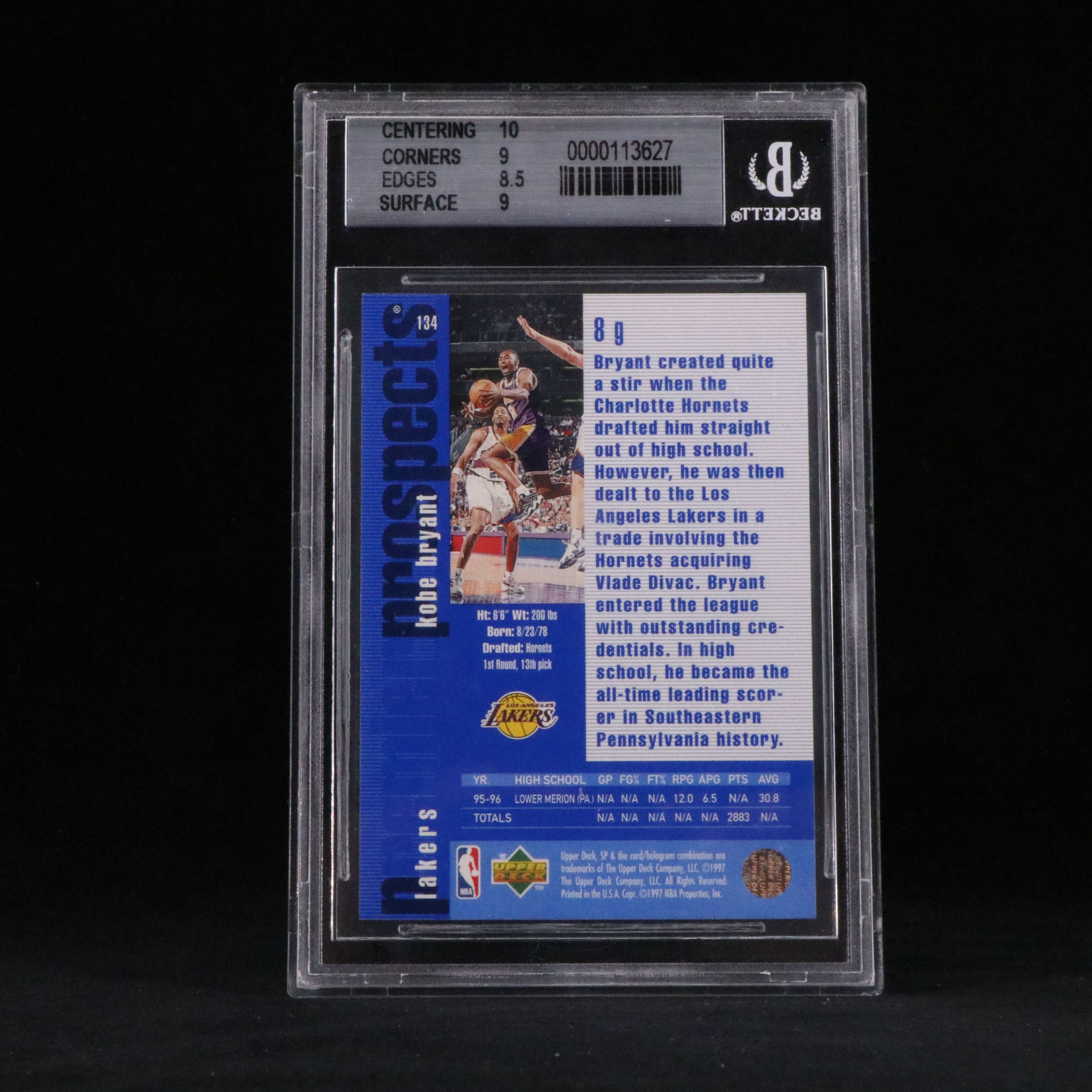 1996-97 SP Kobe Bryant Los Angeles Lakers Rookie Card Graded BGS 9