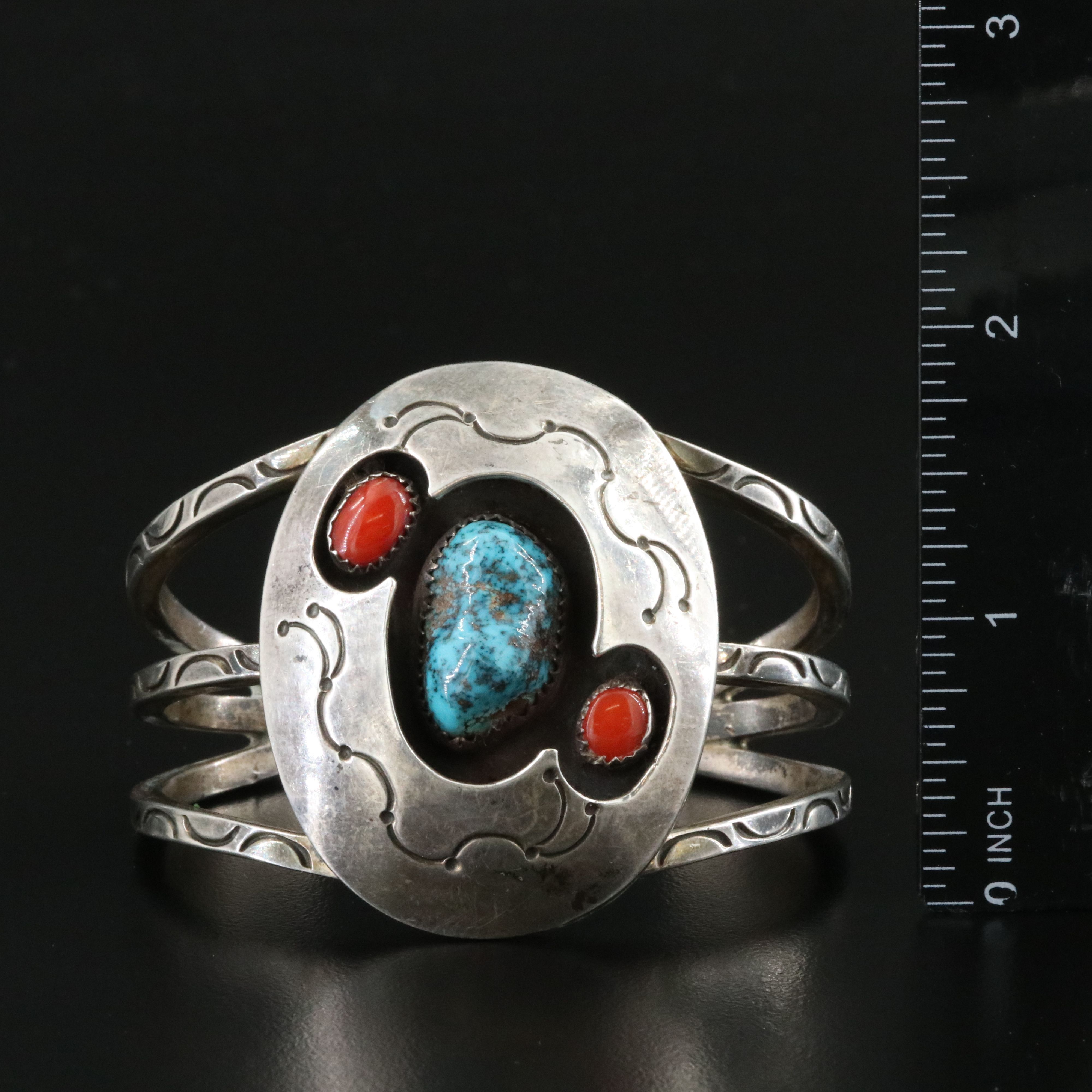 Sterling Turquoise and Coral Shadowbox Cuff Bracelet