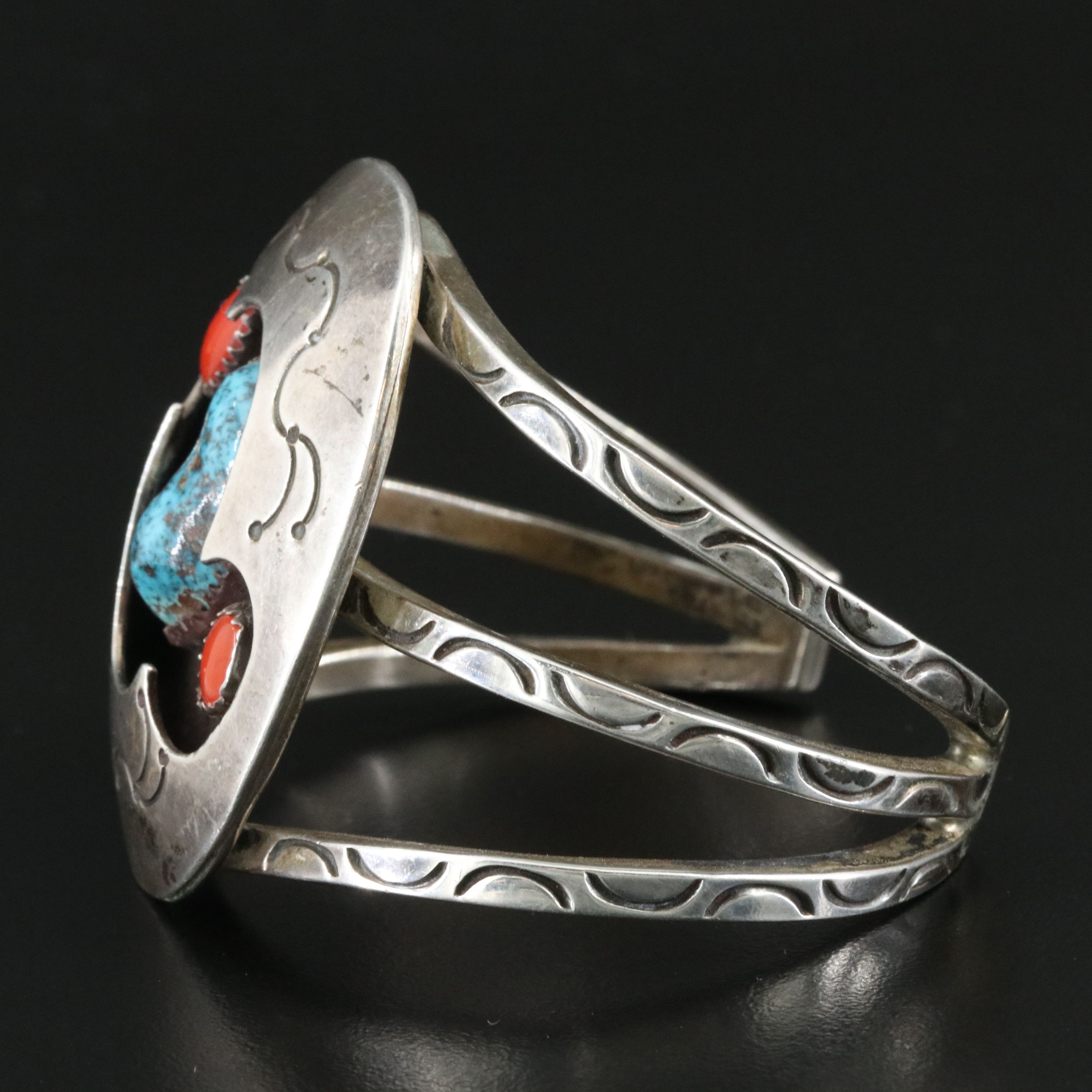 Sterling Turquoise and Coral Shadowbox Cuff Bracelet