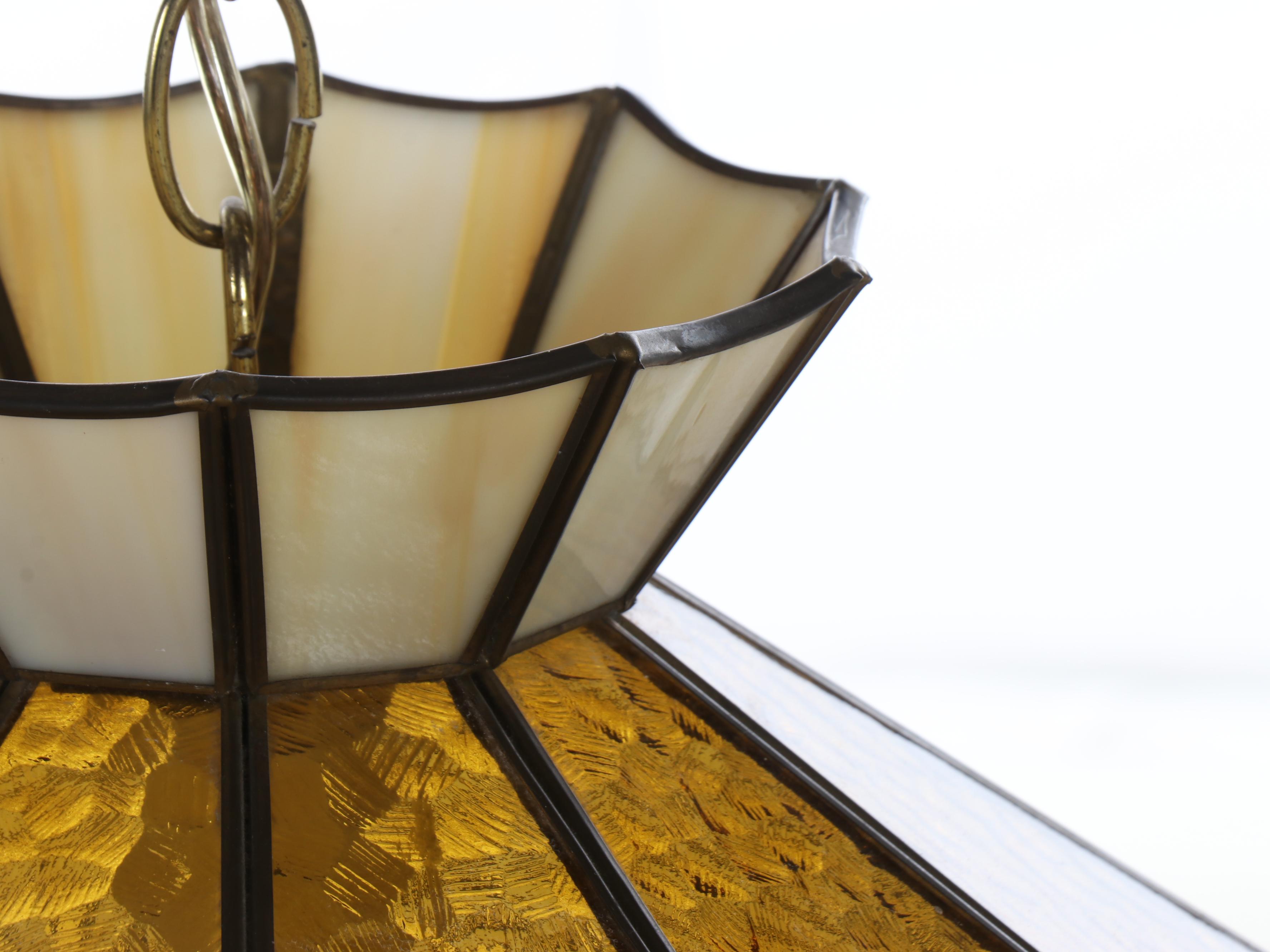 Pebbled Amber Glass and Slag Glass Panel Pendant Light, Mid to Late 20th C.