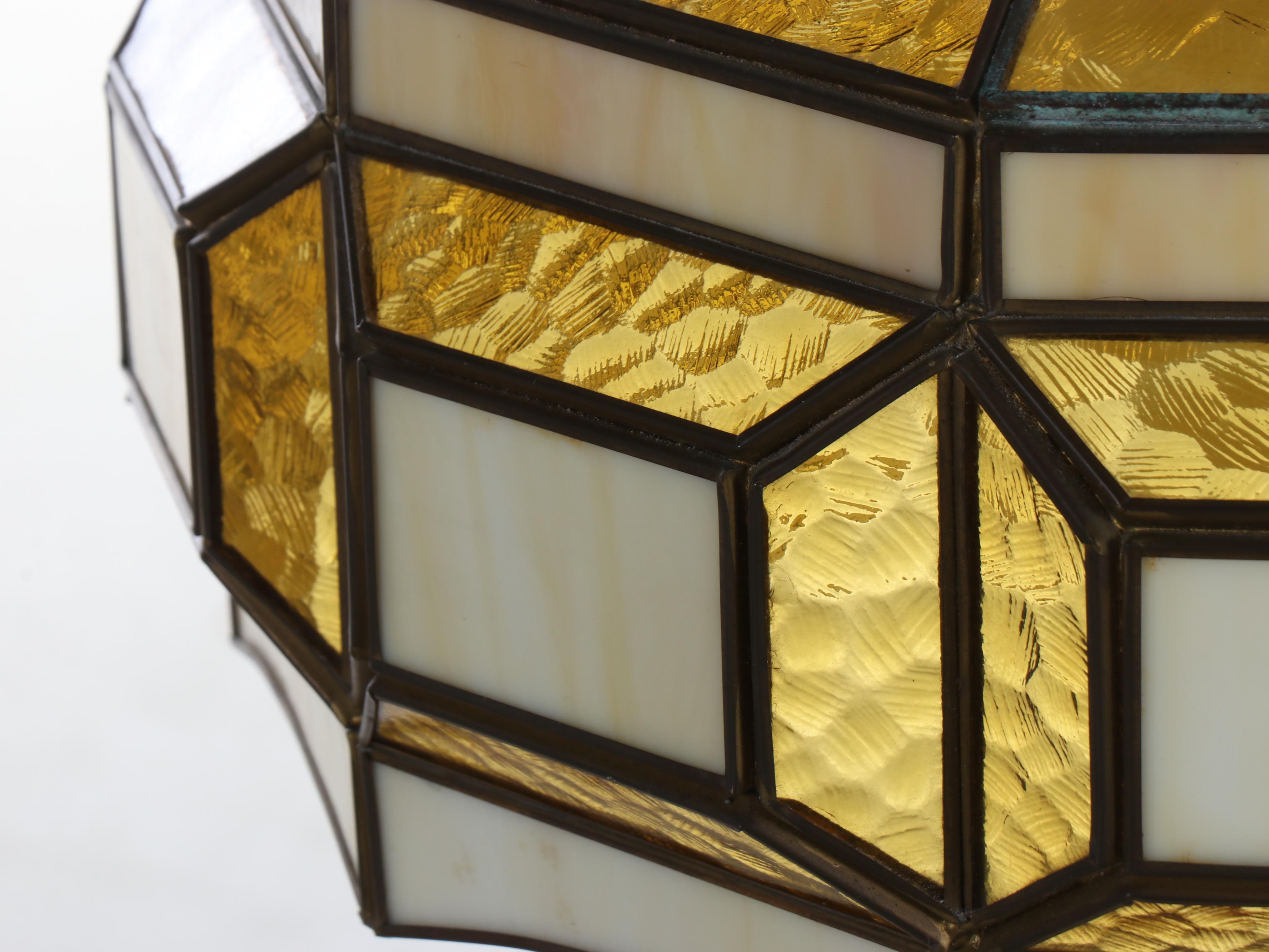 Pebbled Amber Glass and Slag Glass Panel Pendant Light, Mid to Late 20th C.