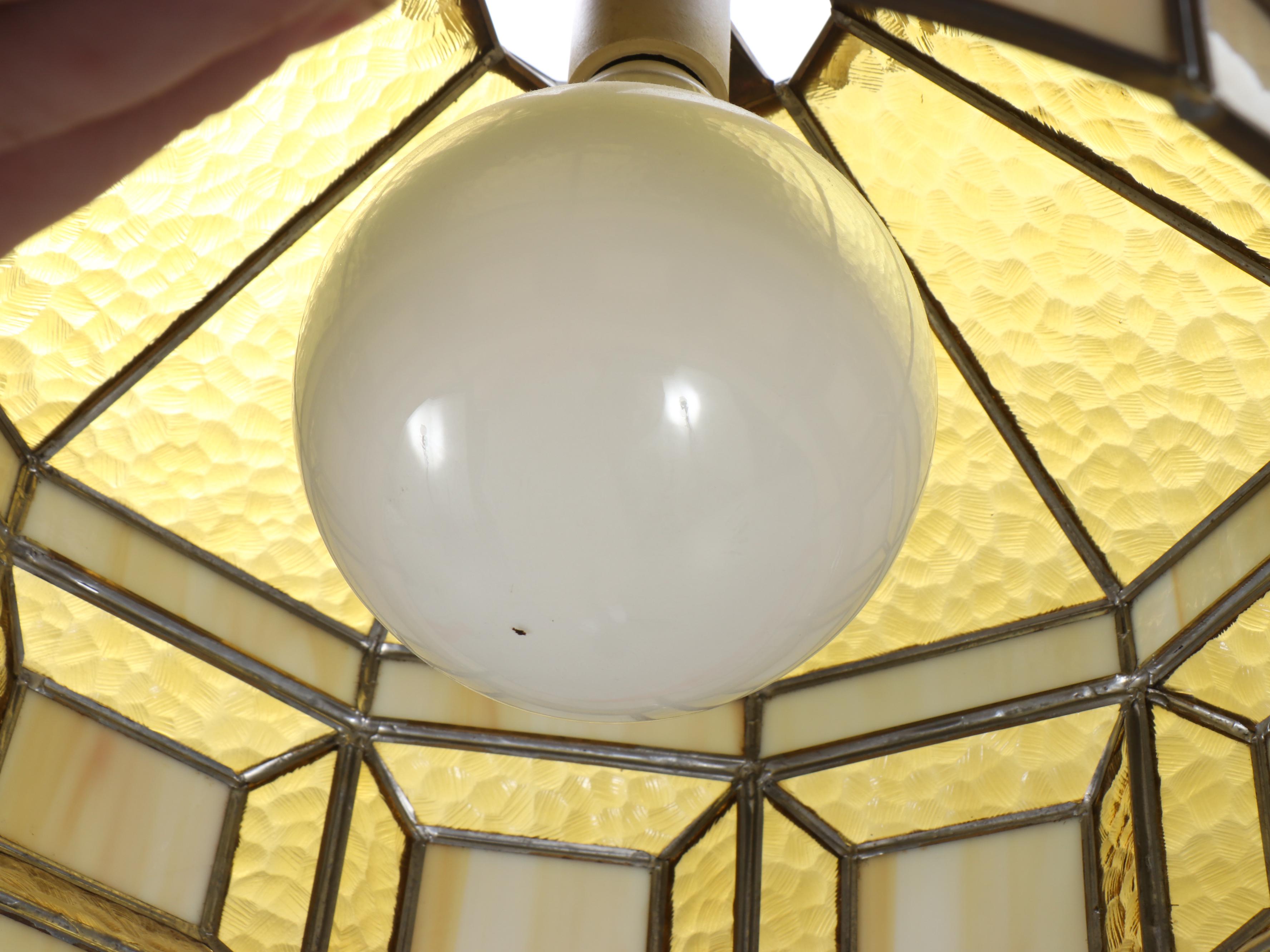 Pebbled Amber Glass and Slag Glass Panel Pendant Light, Mid to Late 20th C.