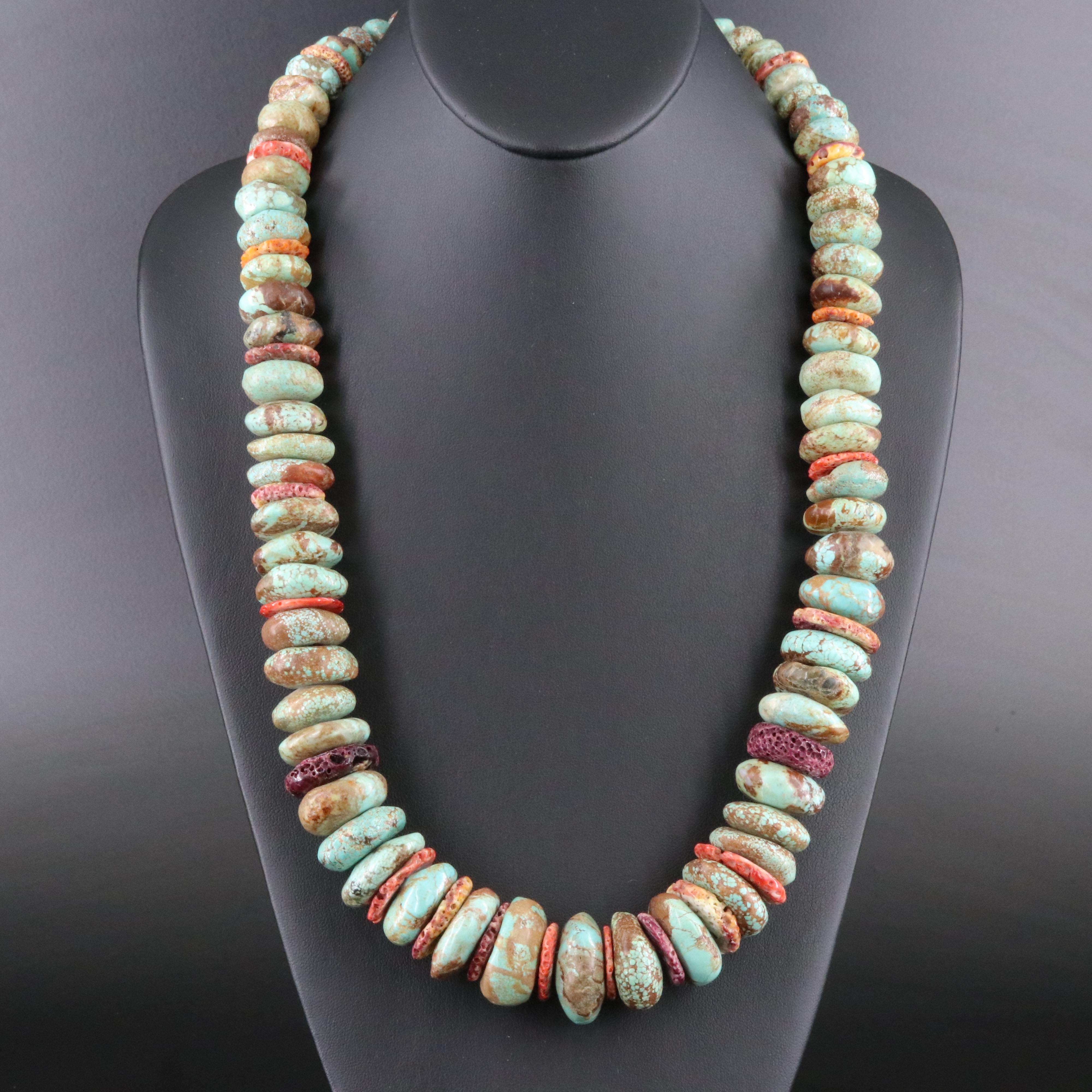 Graduated Turquoise and Spiny Oyster Heshi Necklace with Sterling Clasp