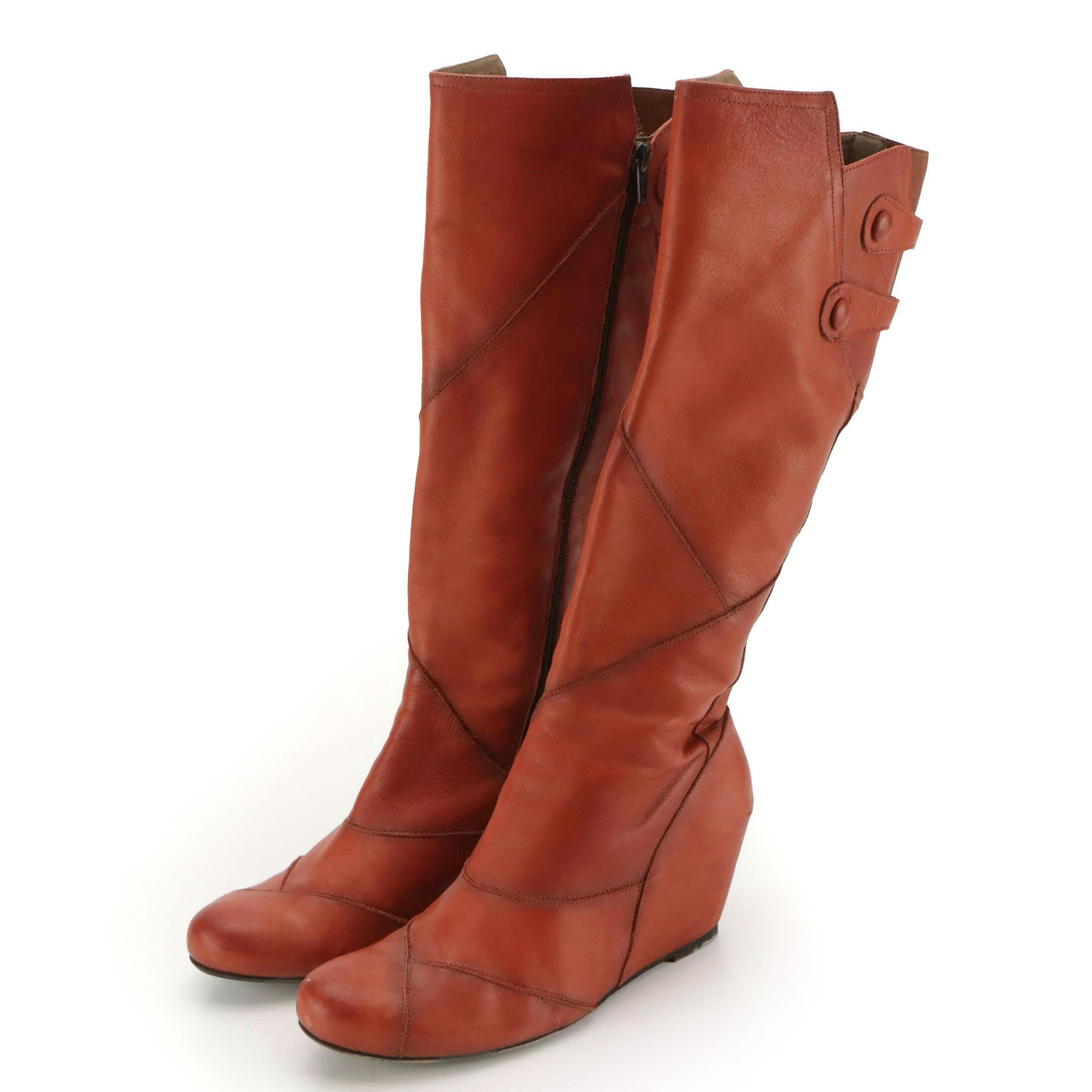 Miz Mooz 'West' Knee-High Wedge Boots in Orange Leather