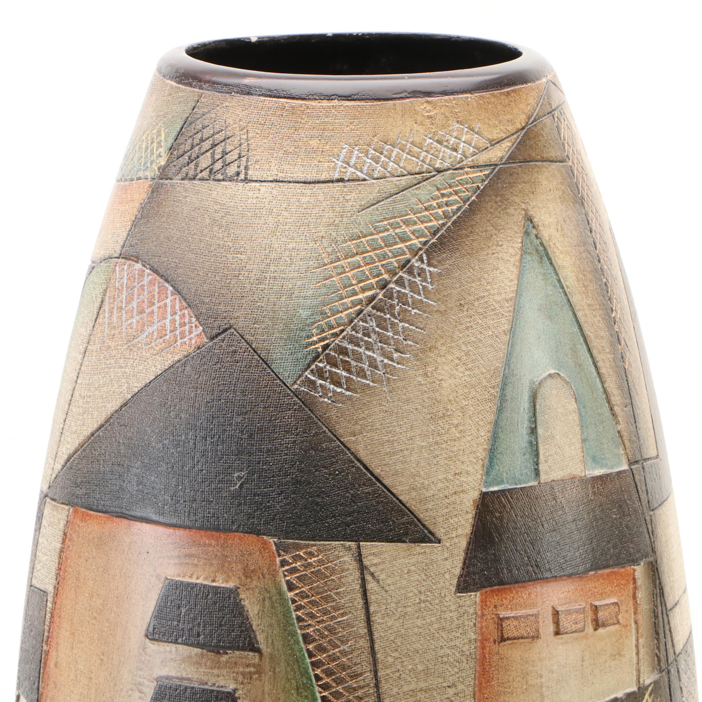 Contemporary Abstract Village Scene Textured Floor Vase