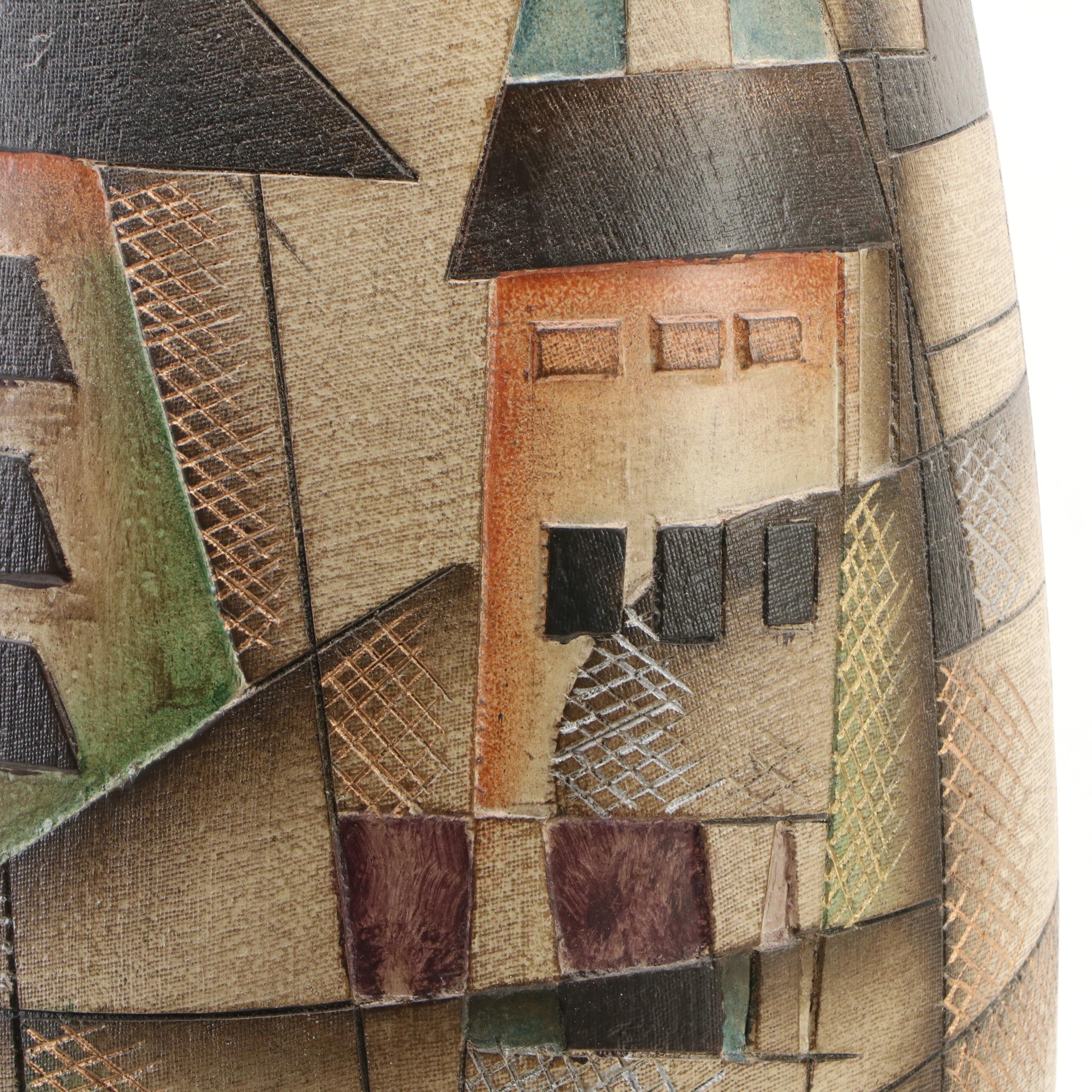 Contemporary Abstract Village Scene Textured Floor Vase