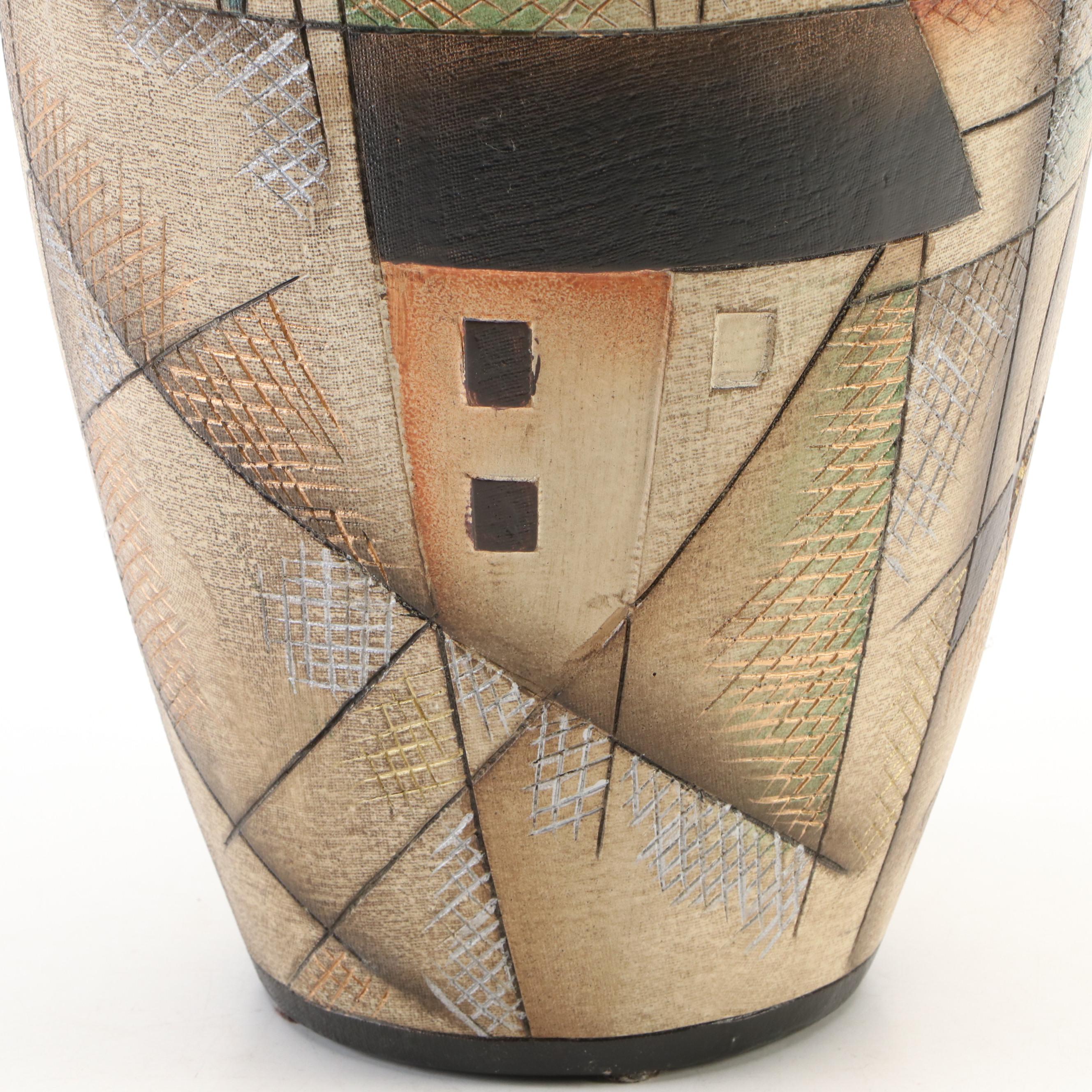 Contemporary Abstract Village Scene Textured Floor Vase