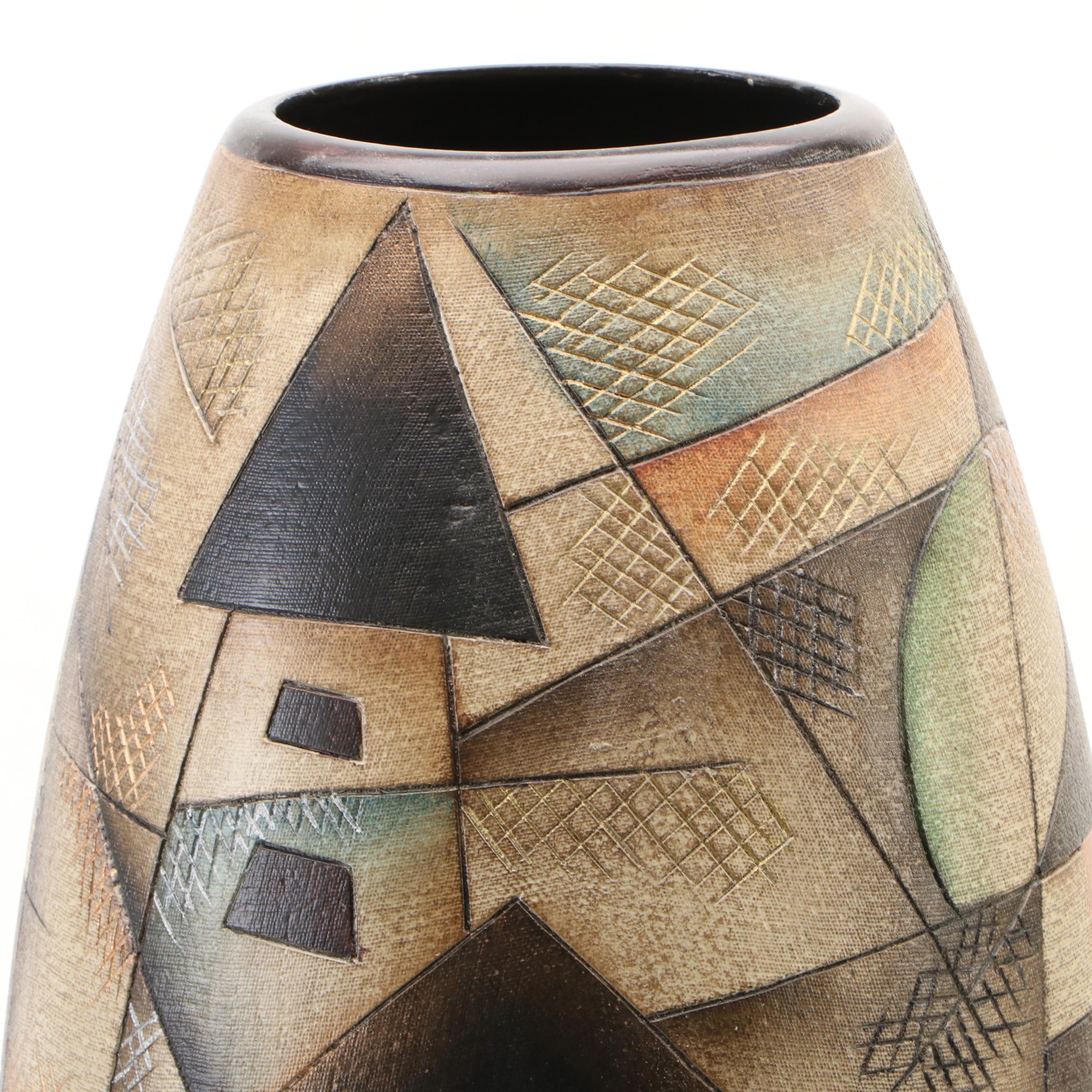 Contemporary Abstract Village Scene Textured Floor Vase