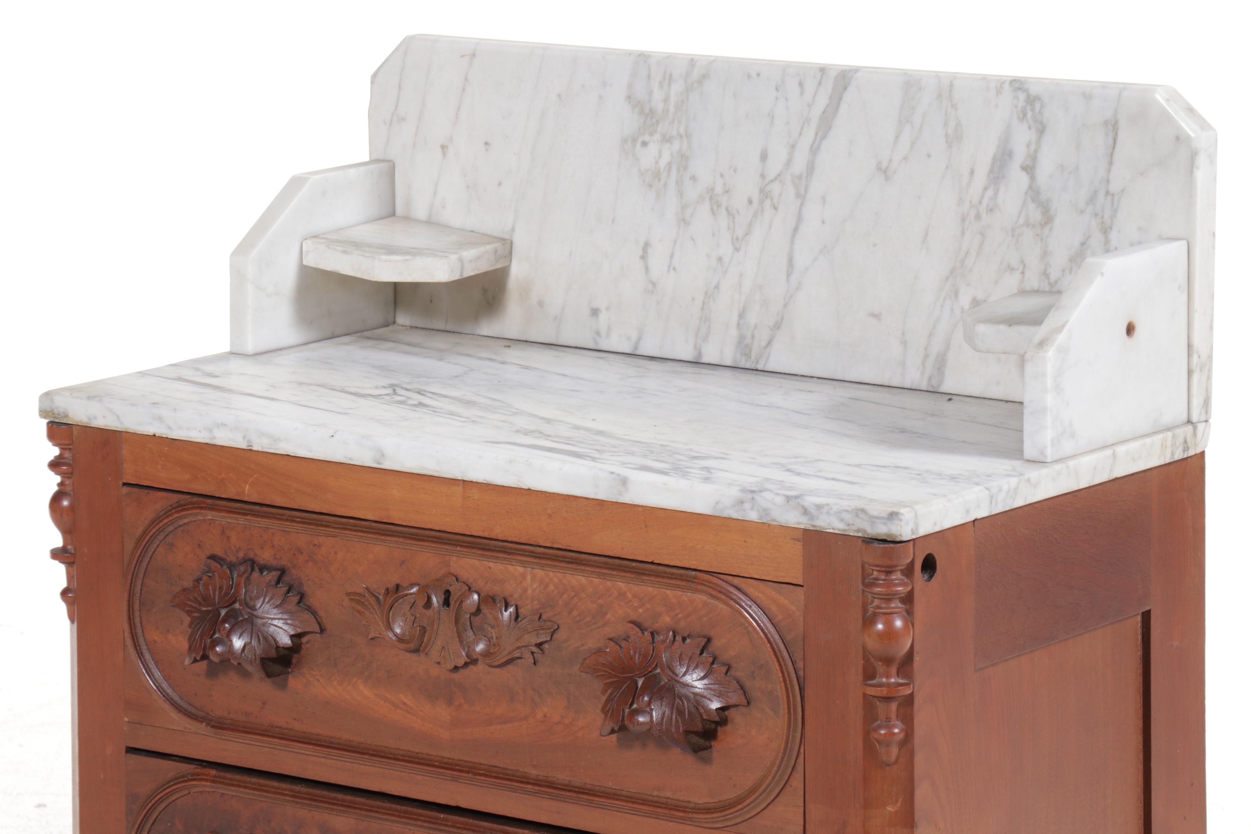 Victorian Burl Wood and Mahogany Washstand with Marble Top and Back Splash