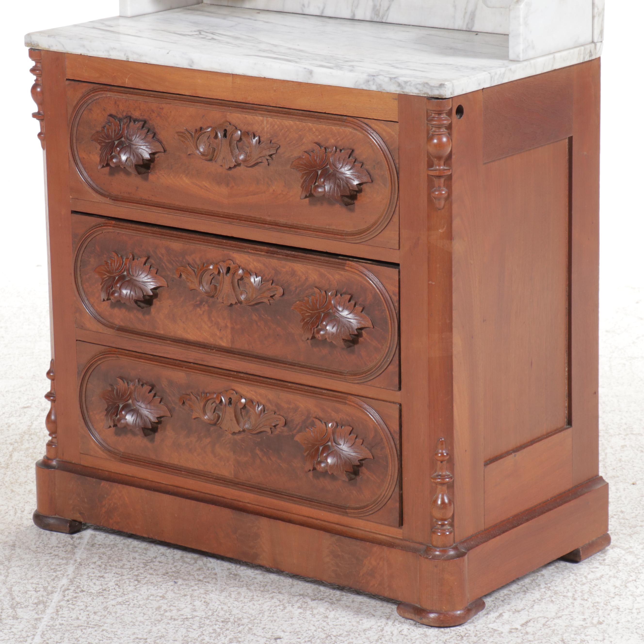 Victorian Burl Wood and Mahogany Washstand with Marble Top and Back Splash