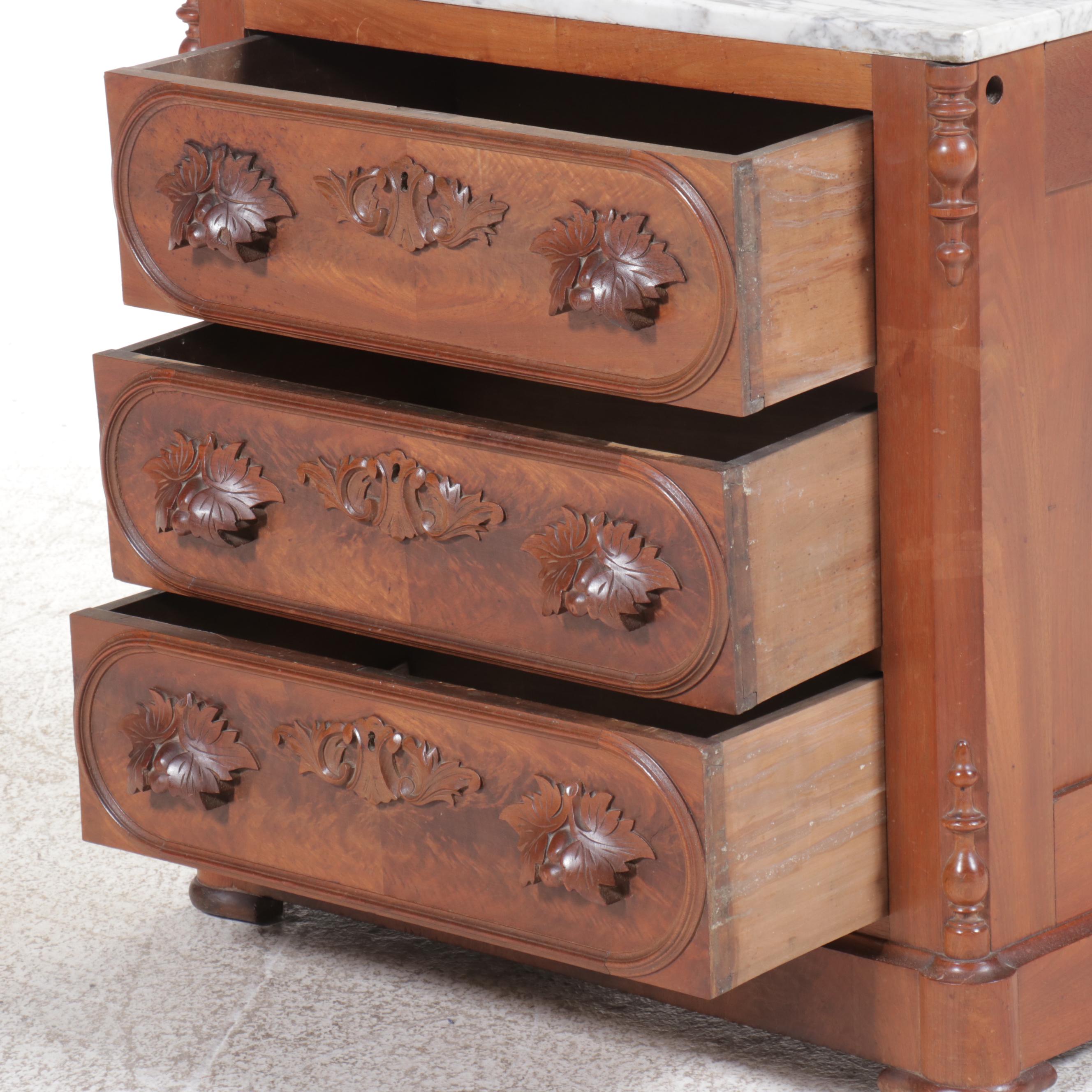 Victorian Burl Wood and Mahogany Washstand with Marble Top and Back Splash