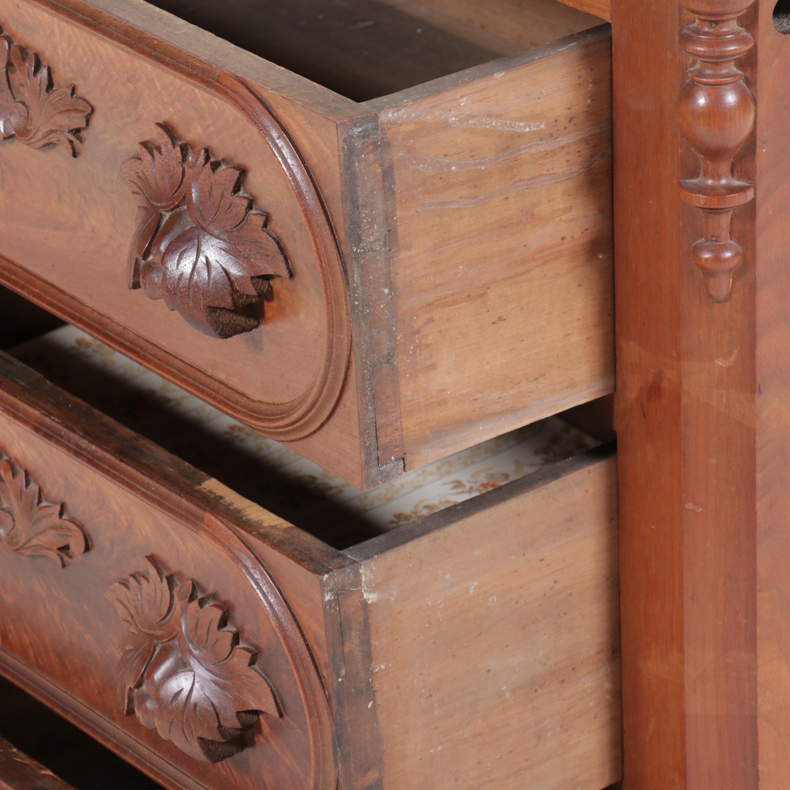 Victorian Burl Wood and Mahogany Washstand with Marble Top and Back Splash