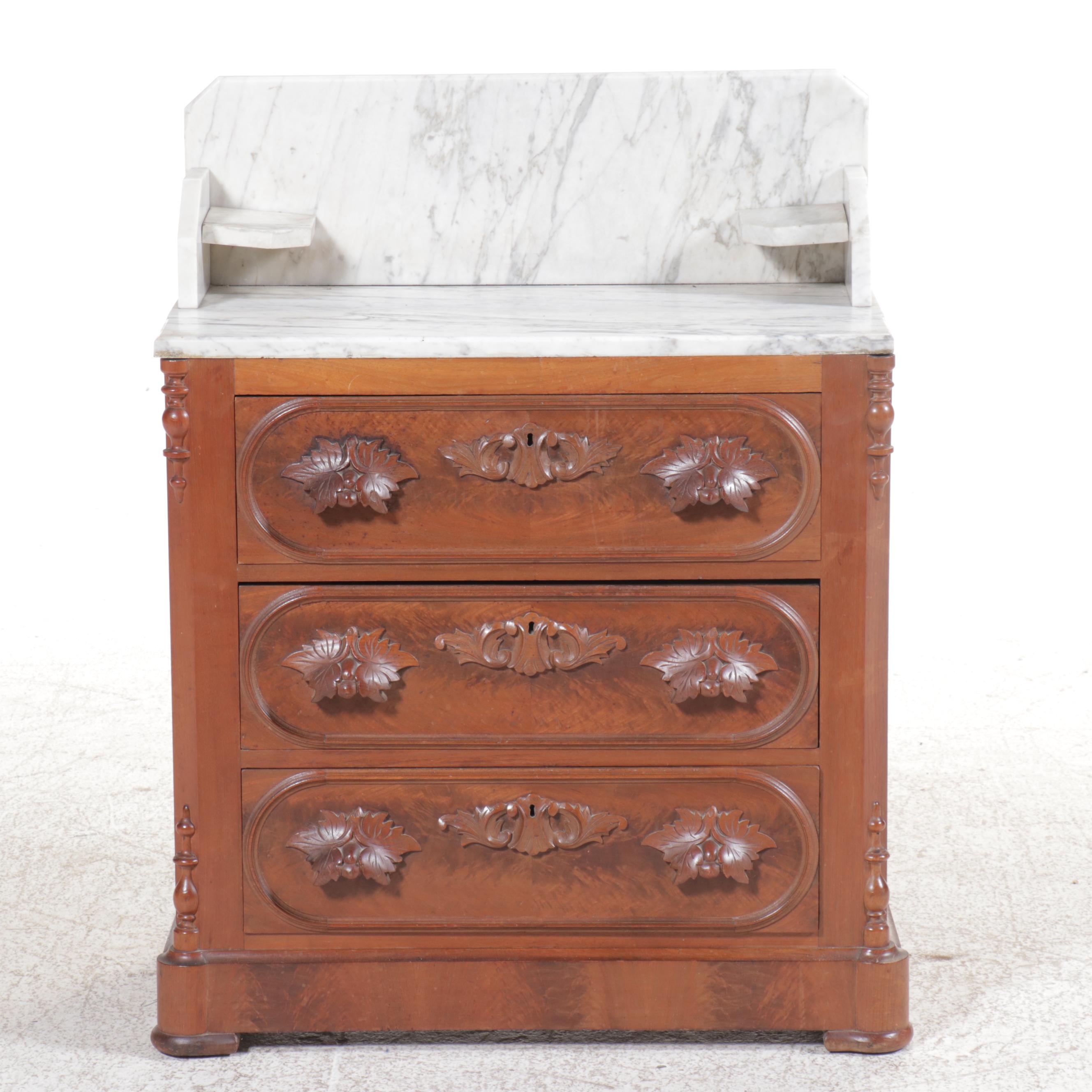 Victorian Burl Wood and Mahogany Washstand with Marble Top and Back Splash