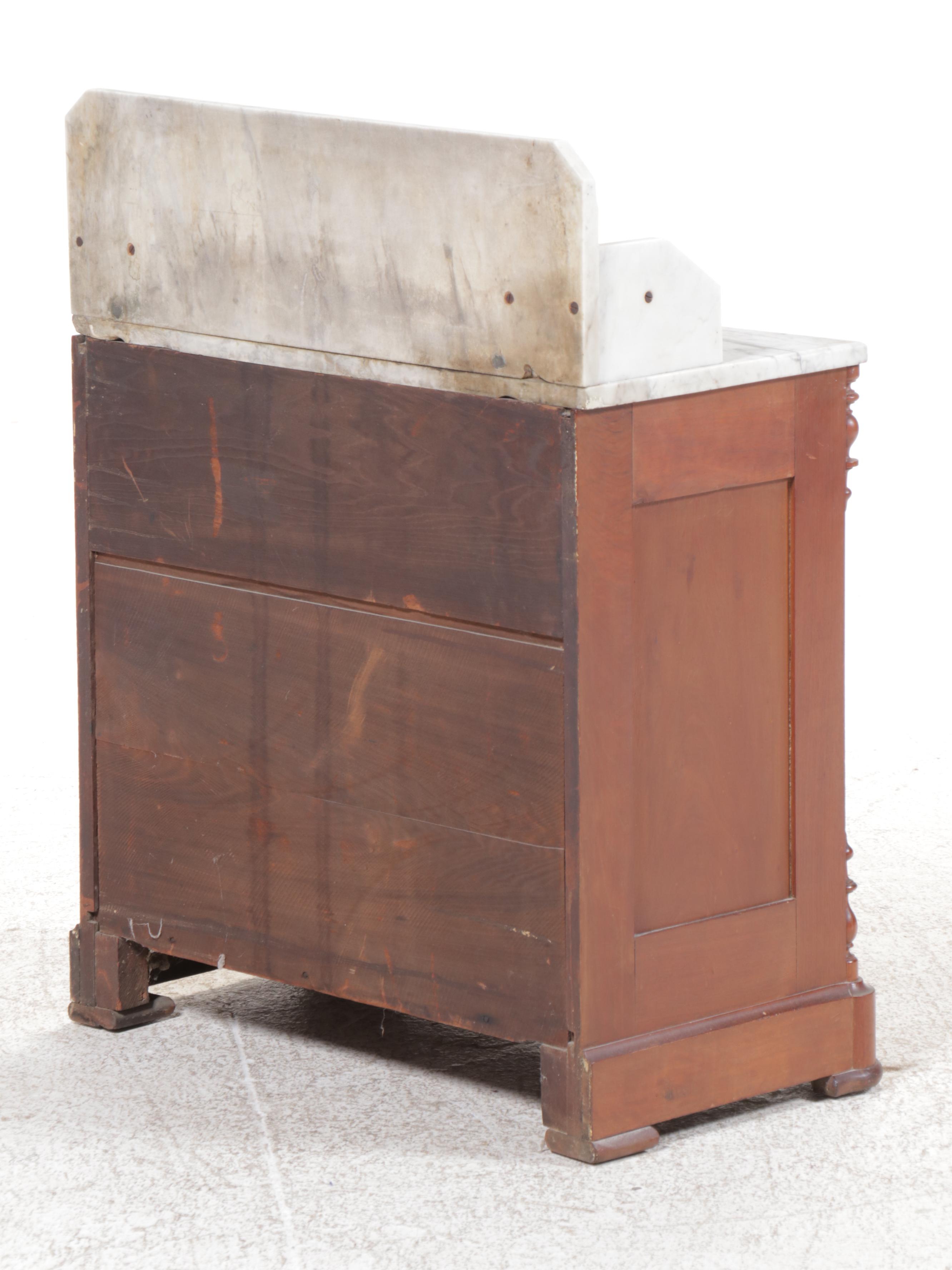 Victorian Burl Wood and Mahogany Washstand with Marble Top and Back Splash