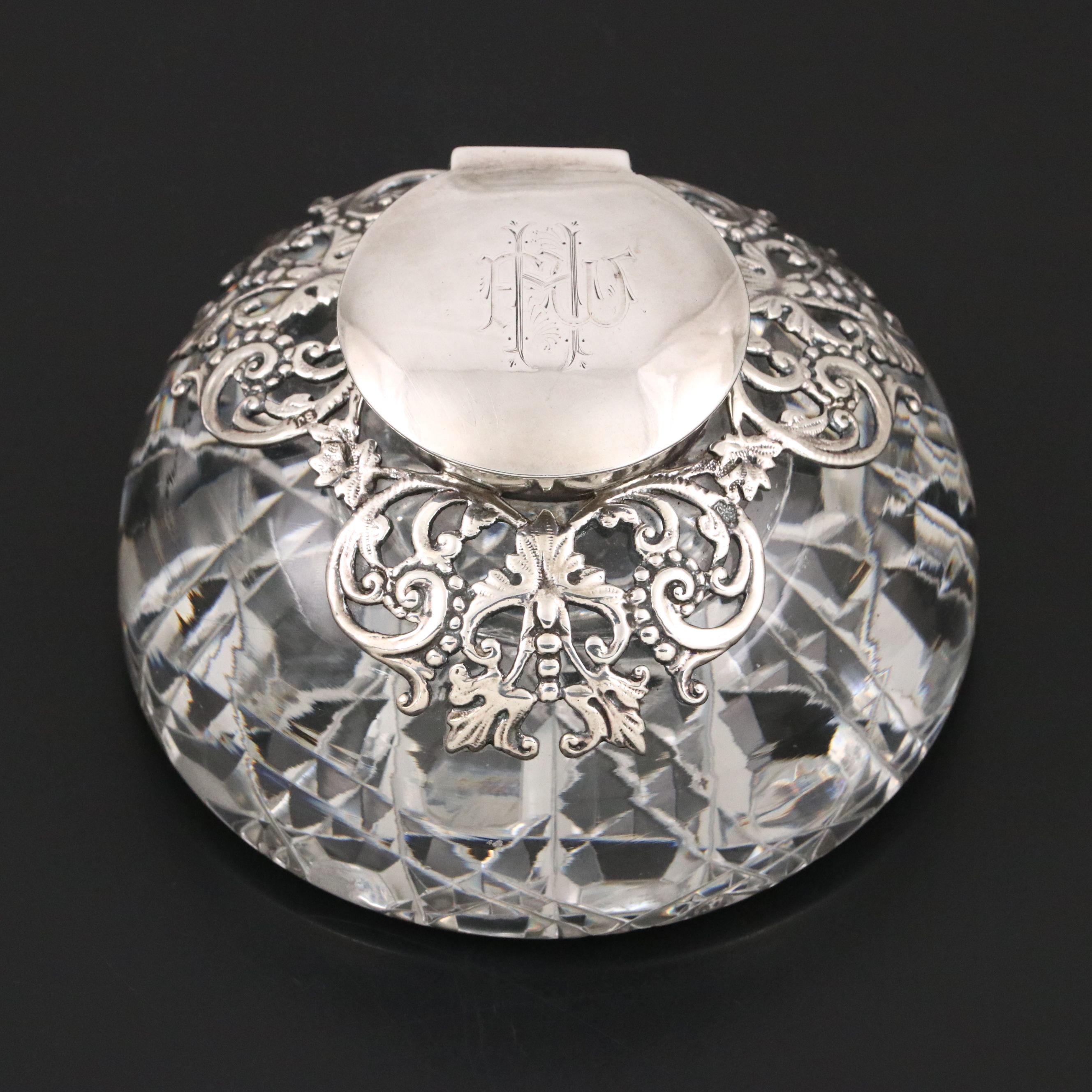 Samuel Jacob Monogrammed Glass and Sterling Silver Inkwell, 1899