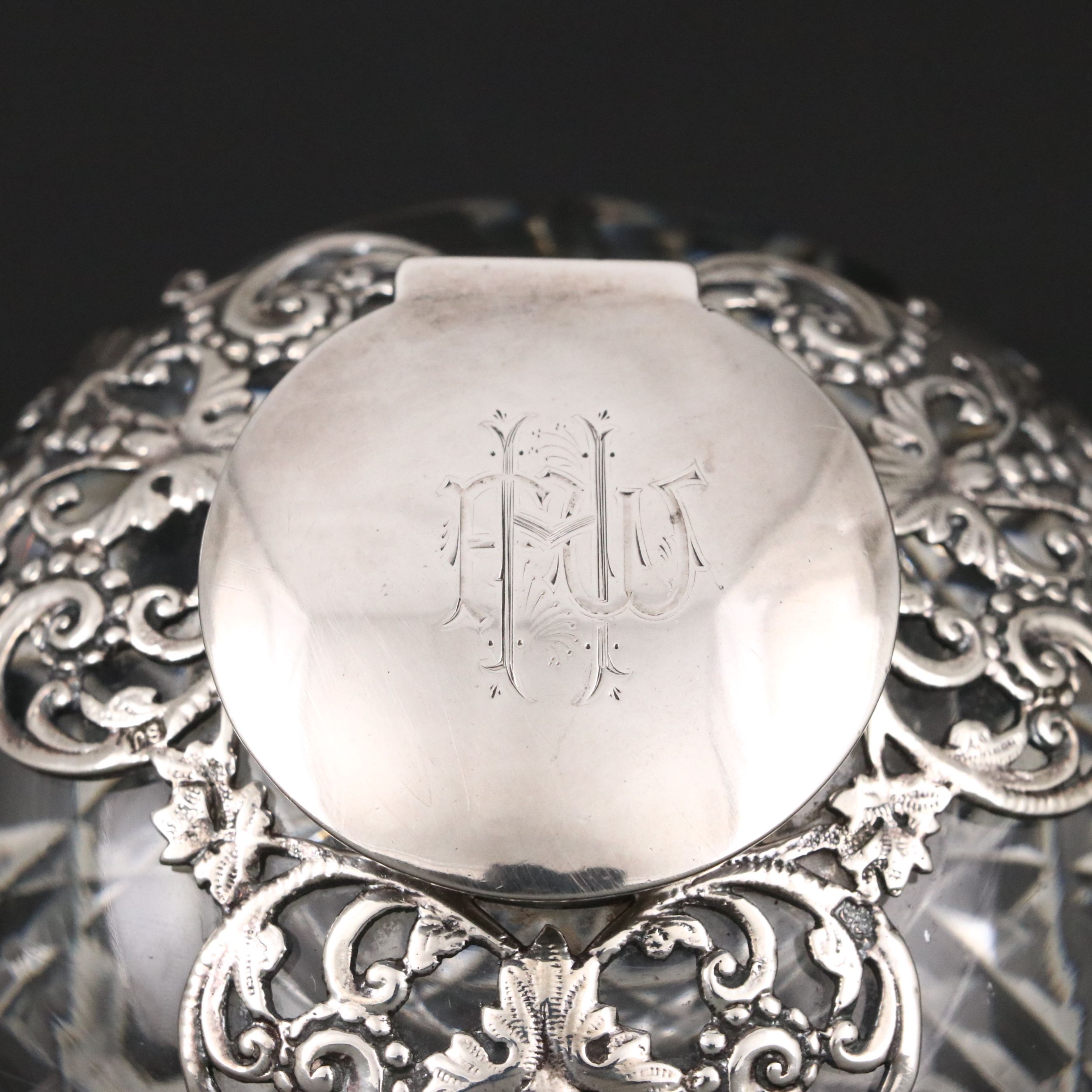 Samuel Jacob Monogrammed Glass and Sterling Silver Inkwell, 1899