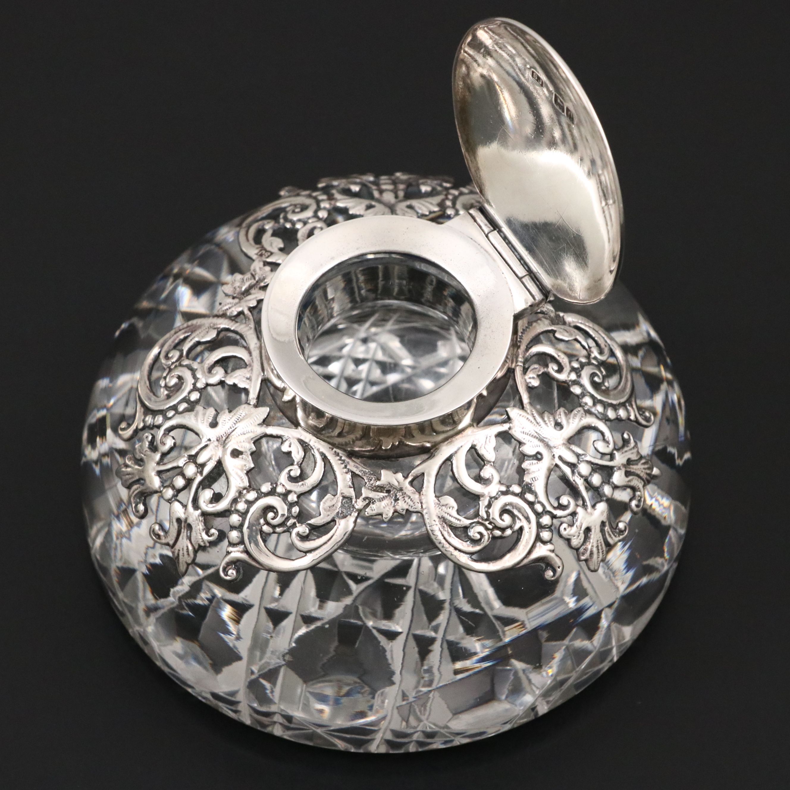 Samuel Jacob Monogrammed Glass and Sterling Silver Inkwell, 1899