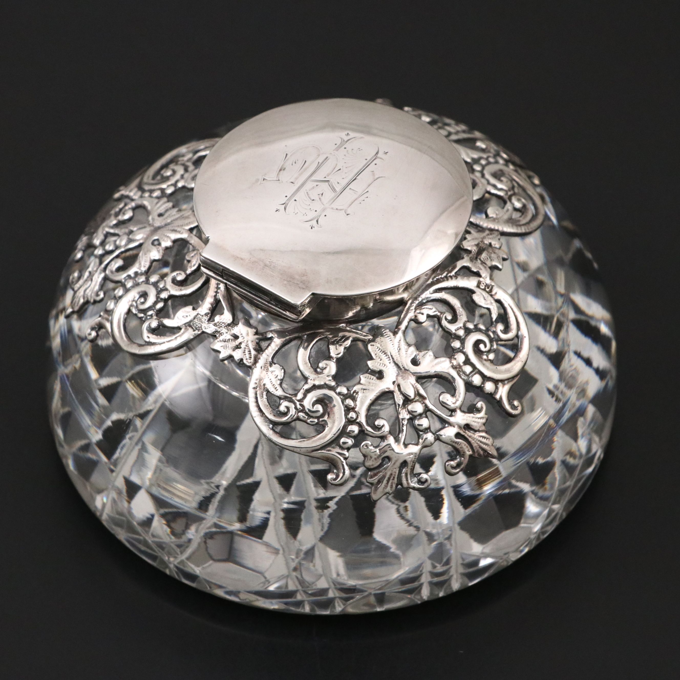 Samuel Jacob Monogrammed Glass and Sterling Silver Inkwell, 1899