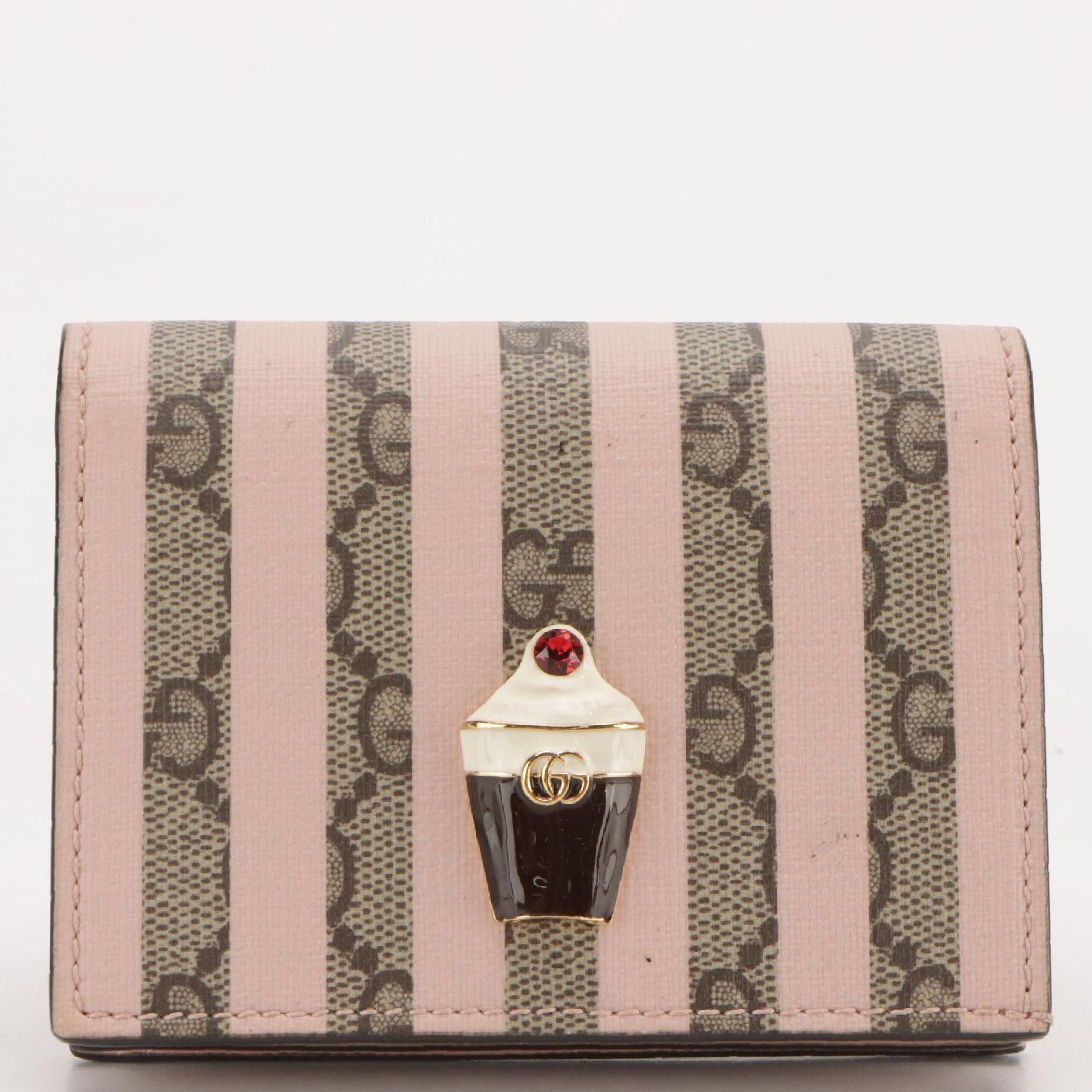 Gucci Ice Cream Compact Wallet in Pink Striped GG Supreme Canvas, With Box