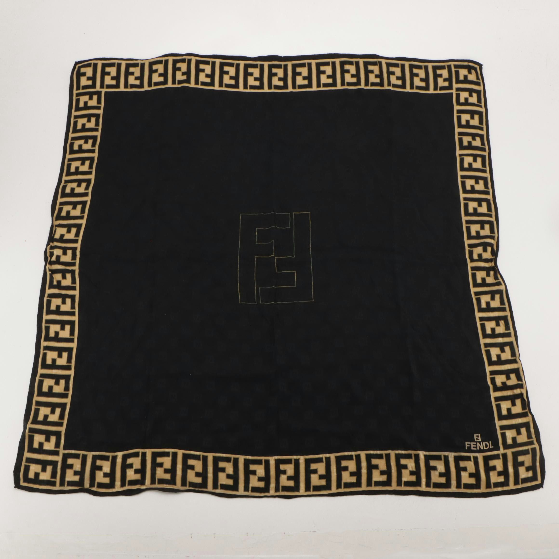 Fendi Zucca Boarder Scarf in Black Micro FF Silk Chiffon