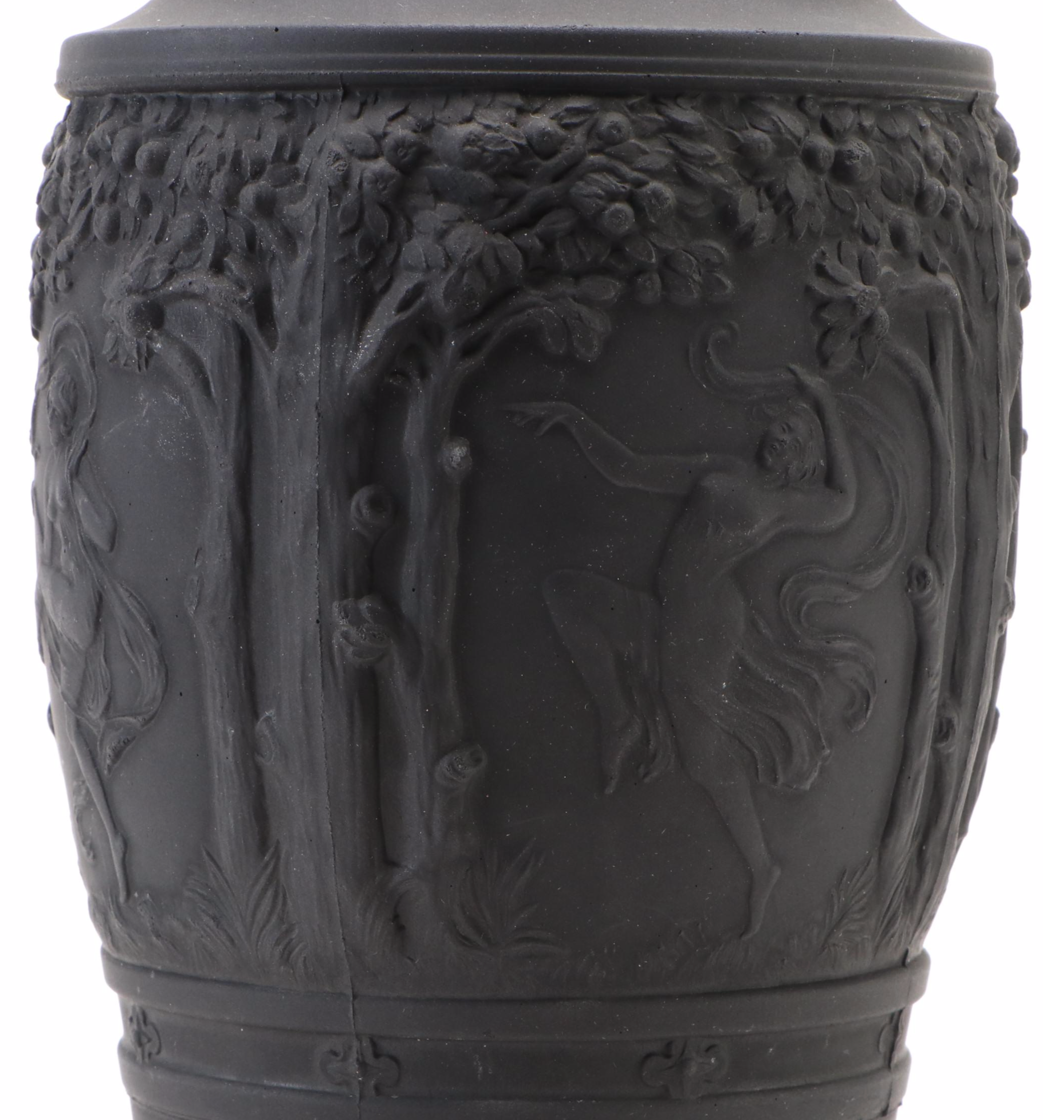 Neoclassical Style Basalt Black Finish Paneled Vase with Dancing Nudes