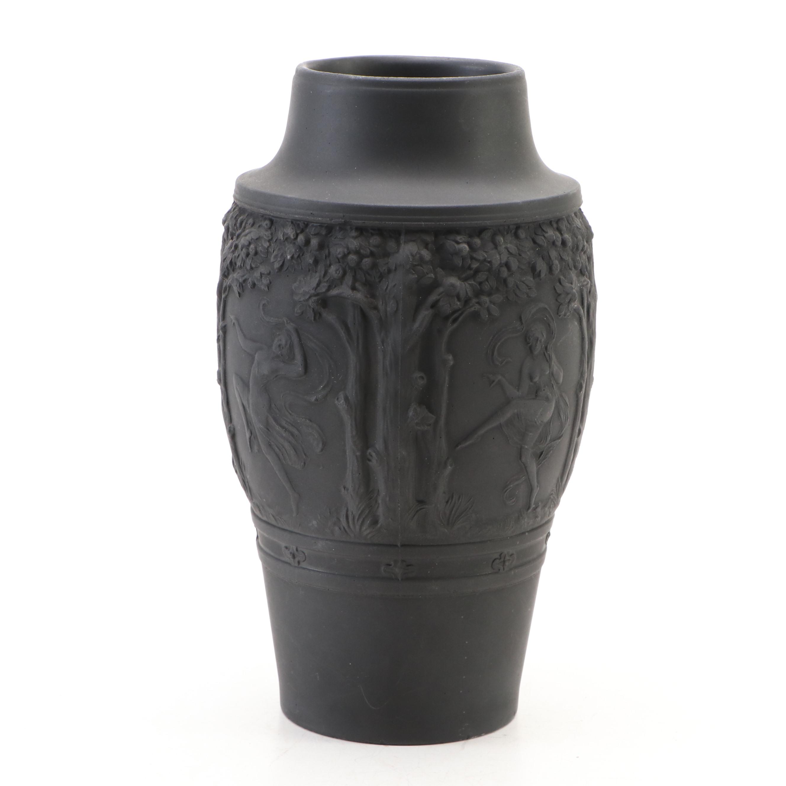 Neoclassical Style Basalt Black Finish Paneled Vase with Dancing Nudes