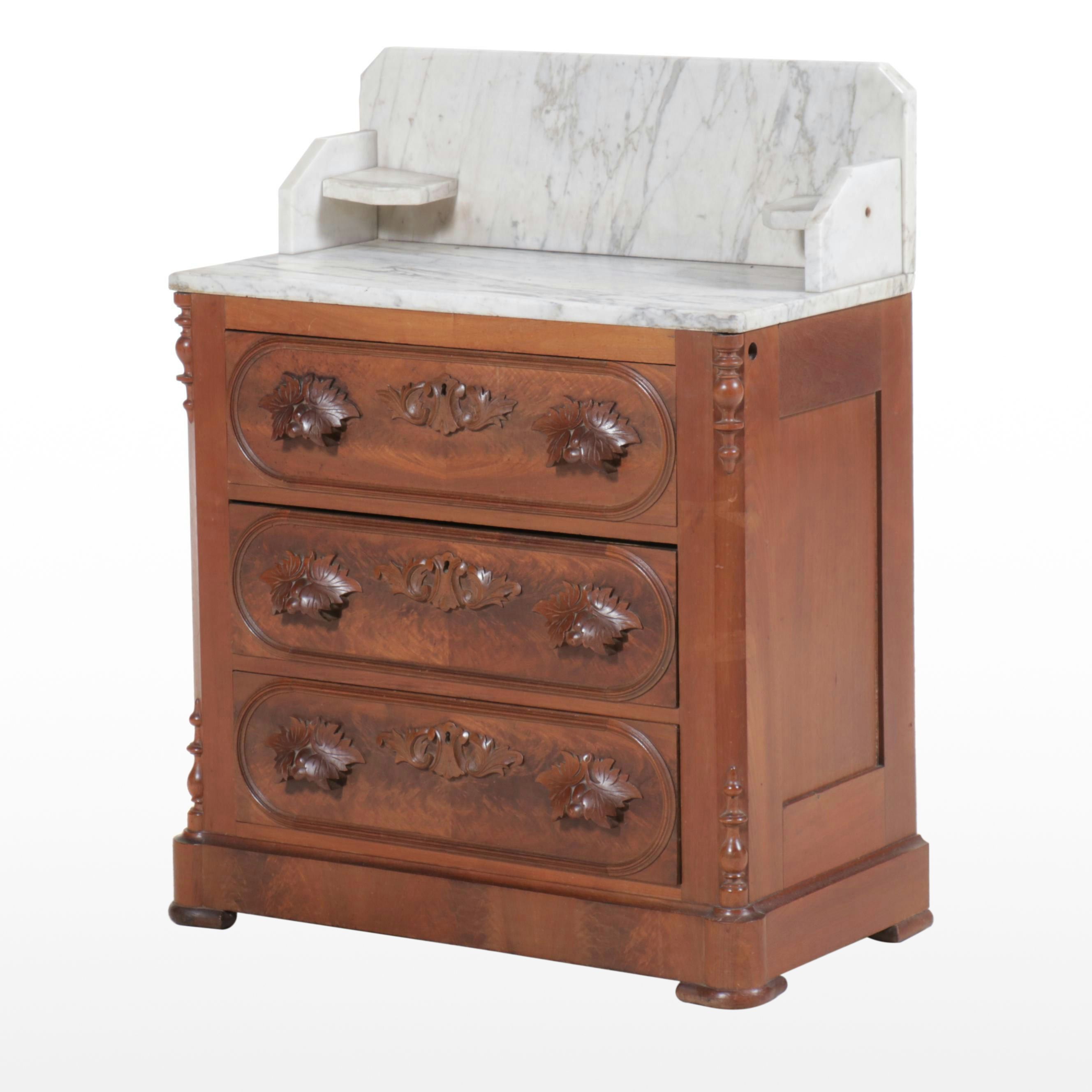 Victorian Burl Wood and Mahogany Washstand with Marble Top and Back Splash