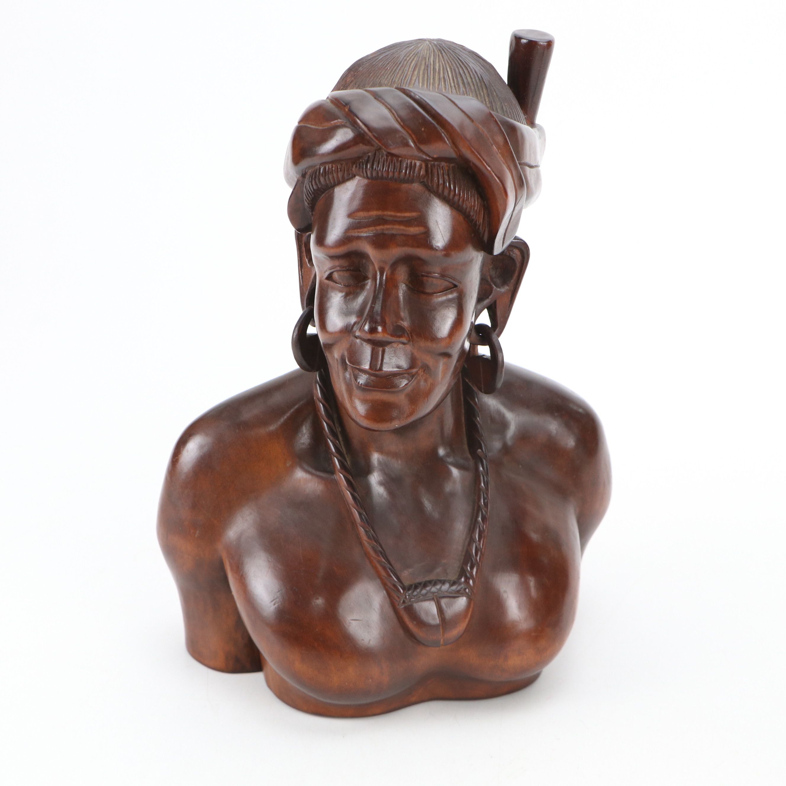 Philippine Carved Wood Busts of Indigenous Igorot Peoples Man and Woman