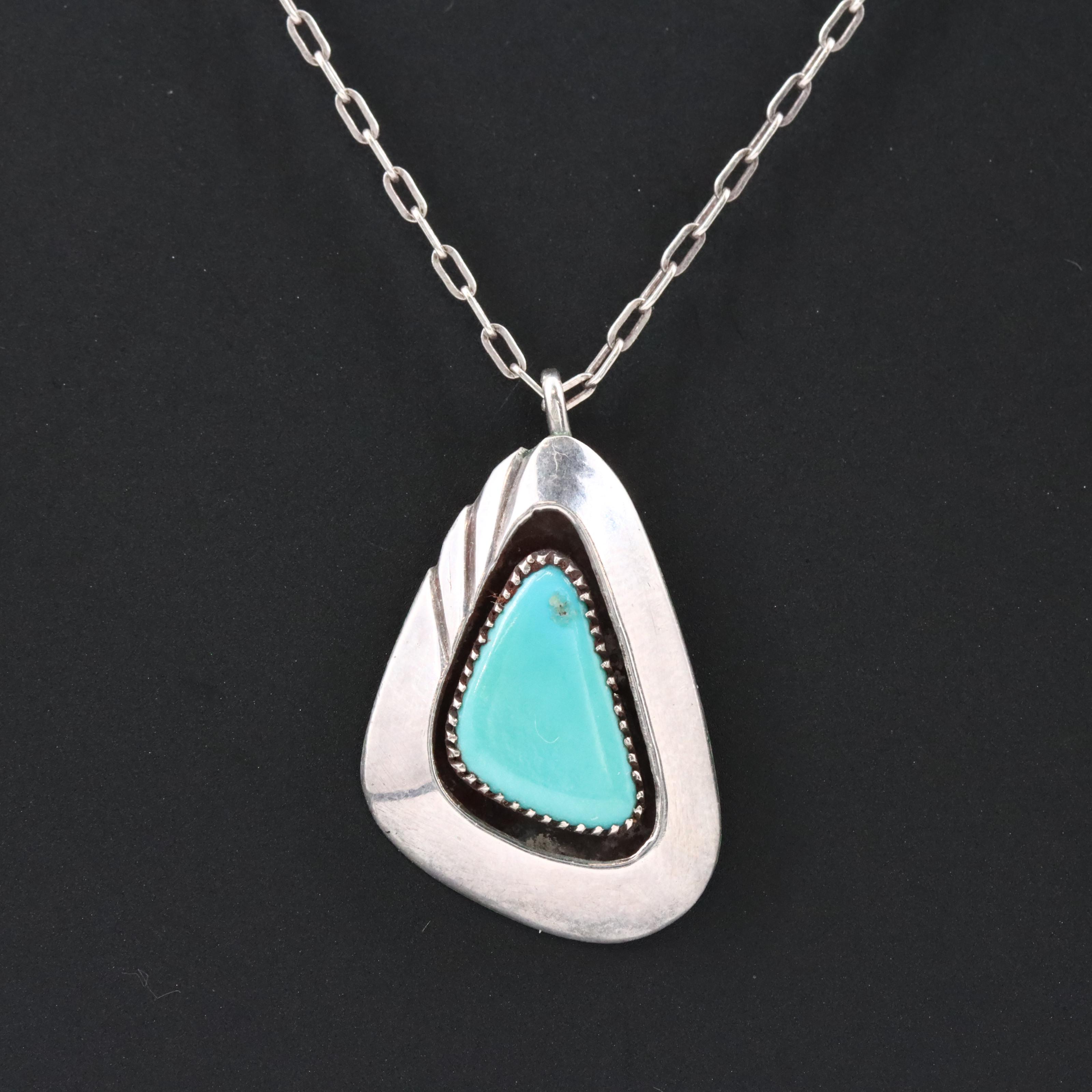 Southwestern Artisan Signed Sterling Turquoise Pendant Necklace