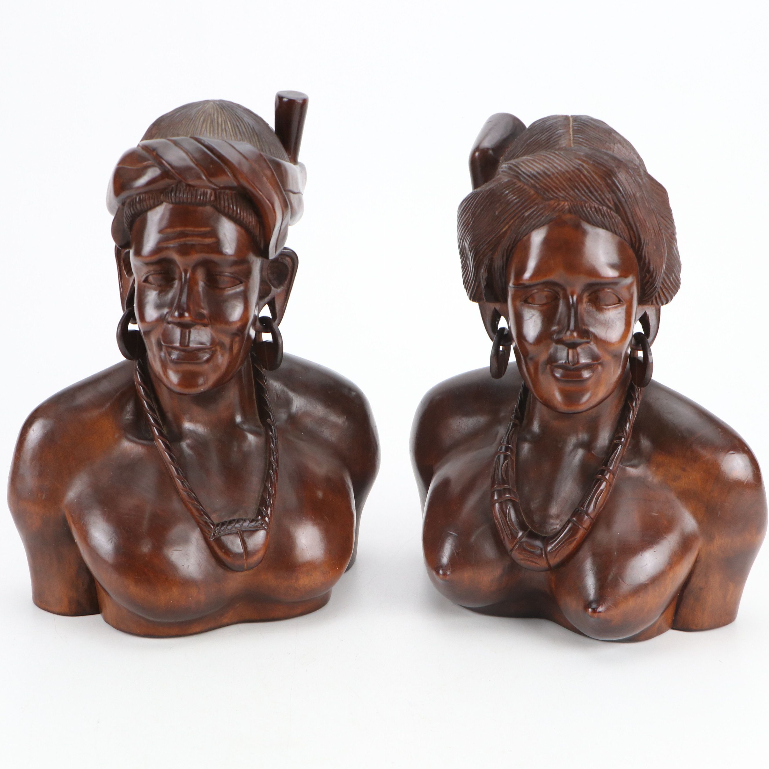 Philippine Carved Wood Busts of Indigenous Igorot Peoples Man and Woman