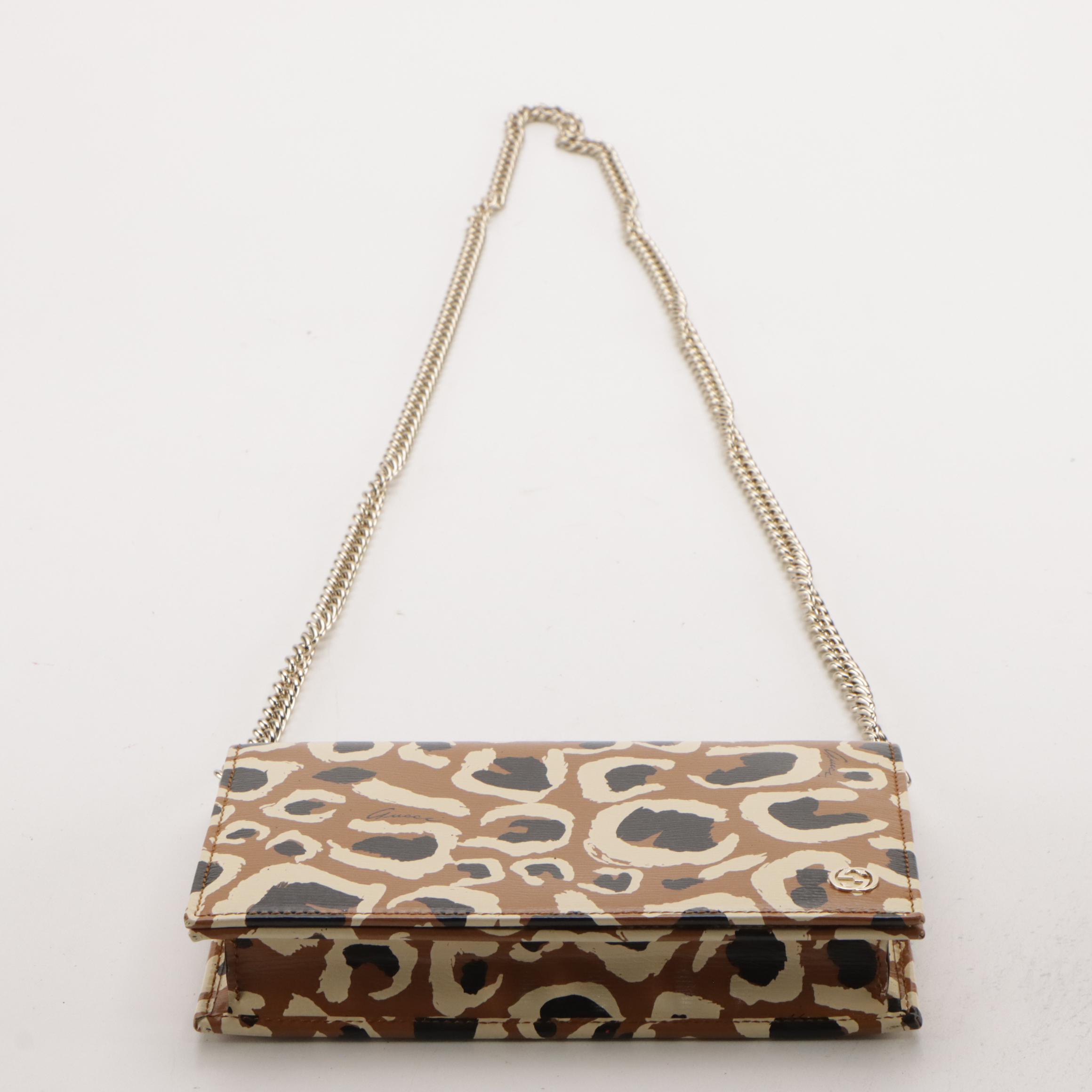 Gucci Leopard Print Coated Canvas and Leather Betty Wallet-on-Chain with Box