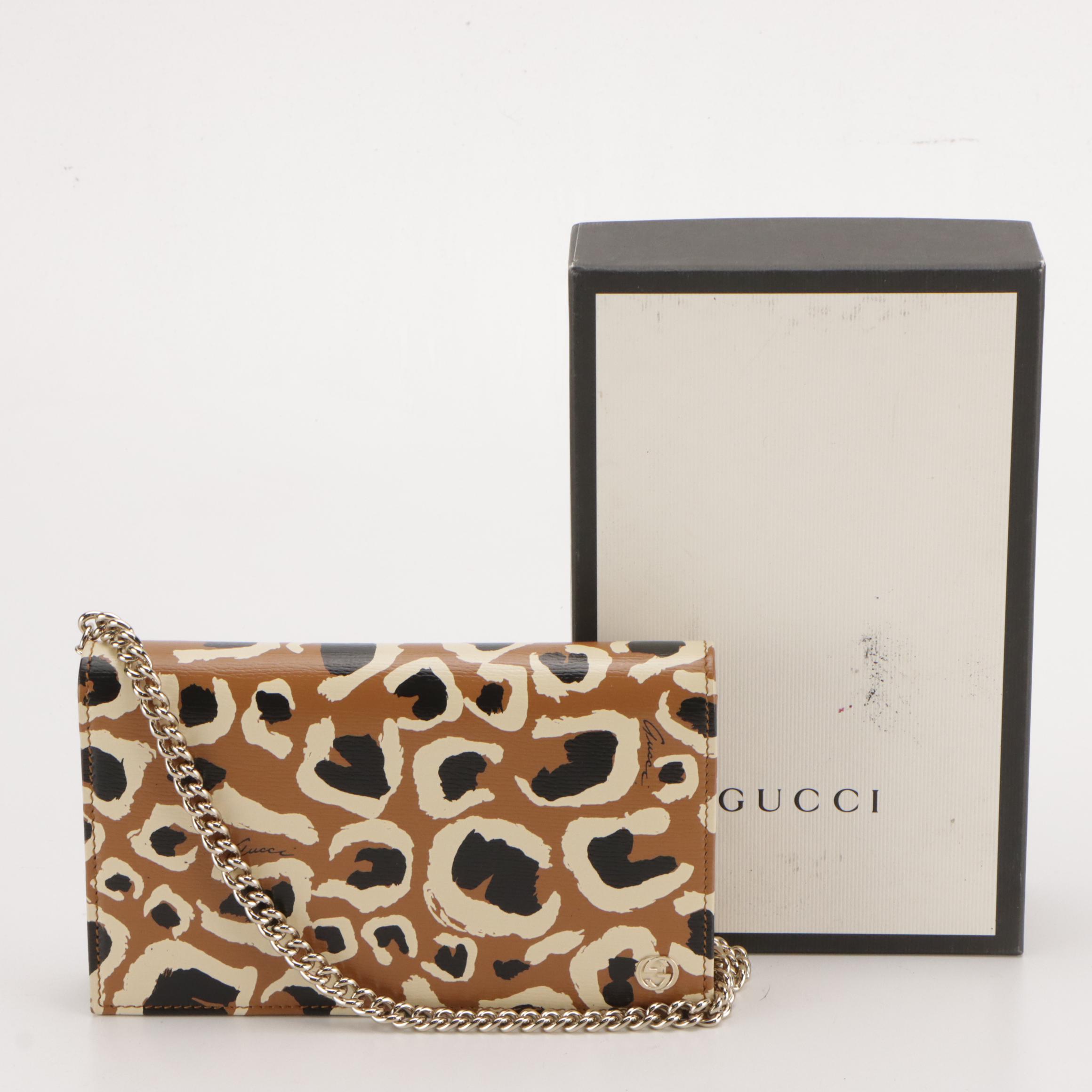 Gucci Leopard Print Coated Canvas and Leather Betty Wallet-on-Chain with Box