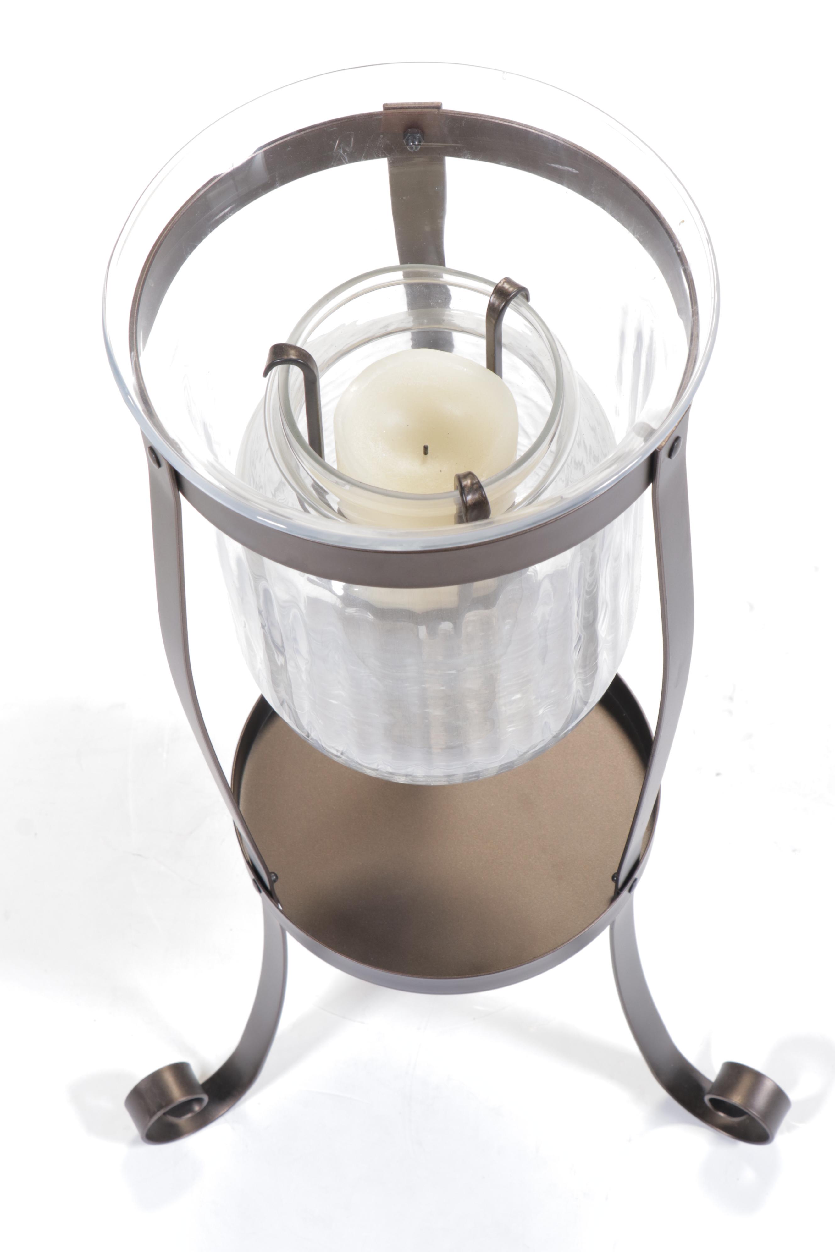 Contemporary Metal and Glass Hurricane Floor Candle Holder