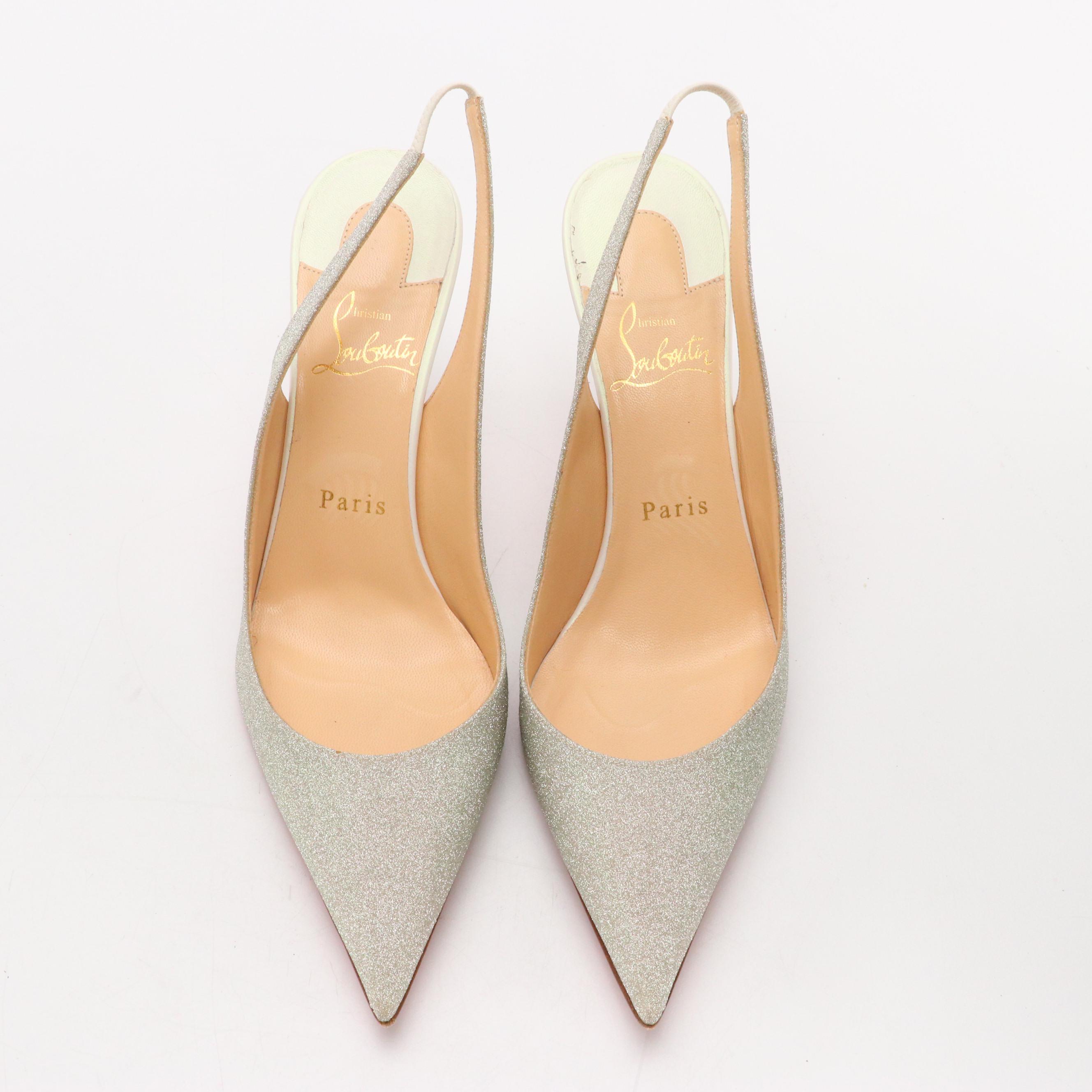 Christian Louboutin Glittery "Clare Sling 80" Pointed-Toe Pumps in Box