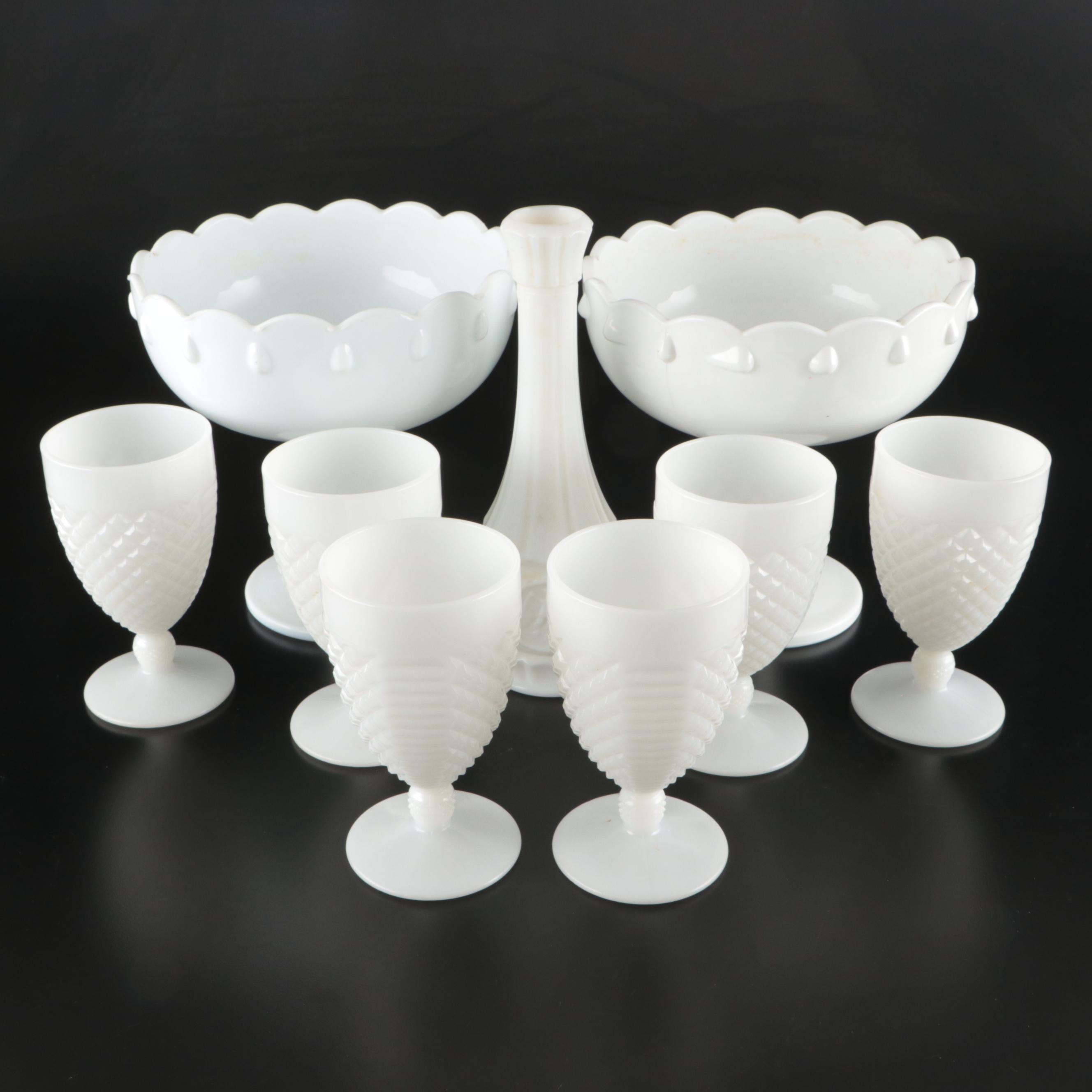 Indiana Glass Teardrop Garland Compotes with Other Milk Glass Tableware