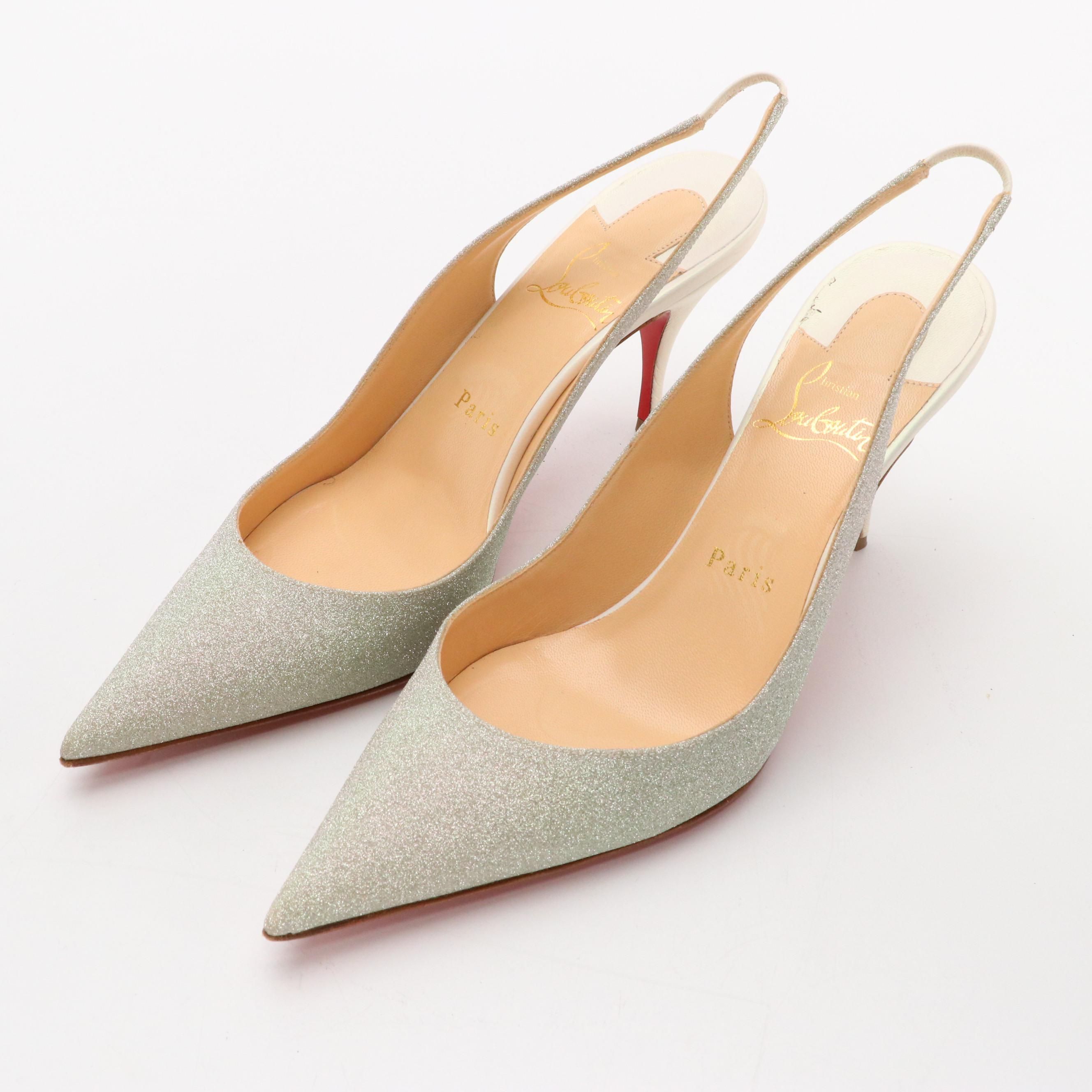 Christian Louboutin Glittery "Clare Sling 80" Pointed-Toe Pumps in Box