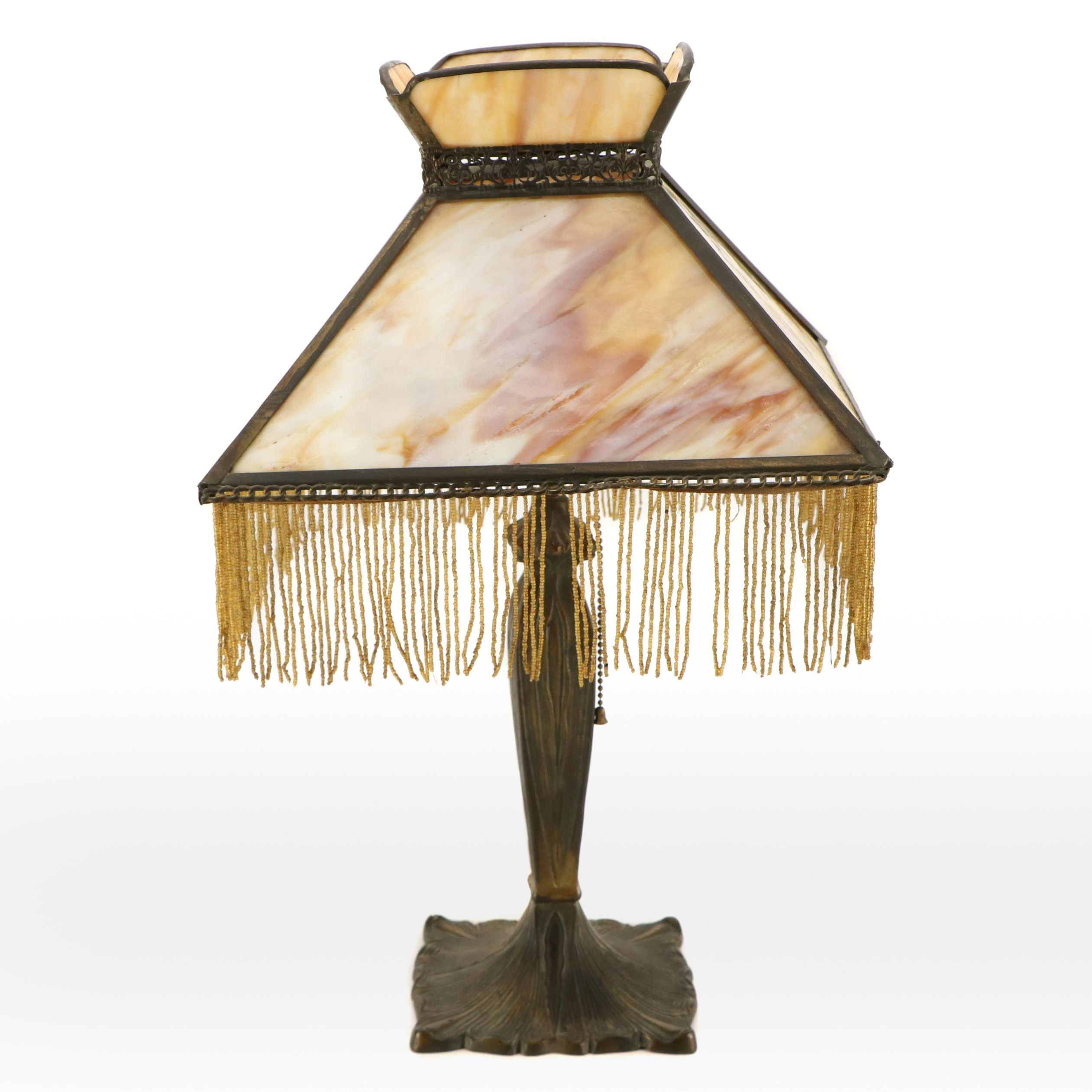 Arts and Crafts Cast Metal Lamp with Beaded Fringe Slag Glass Shade