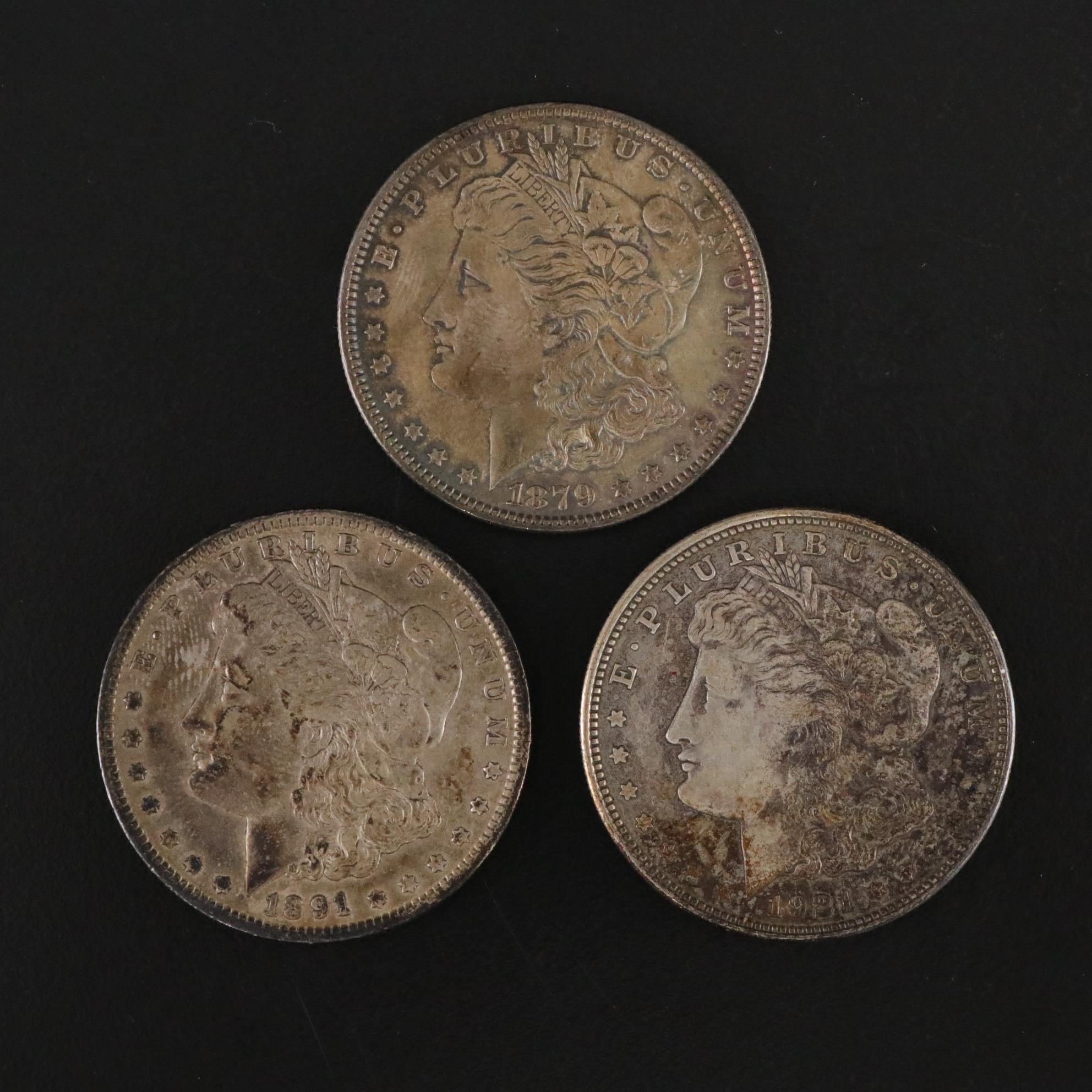 Morgan Silver Dollars  1879, 1891-O, and 1921