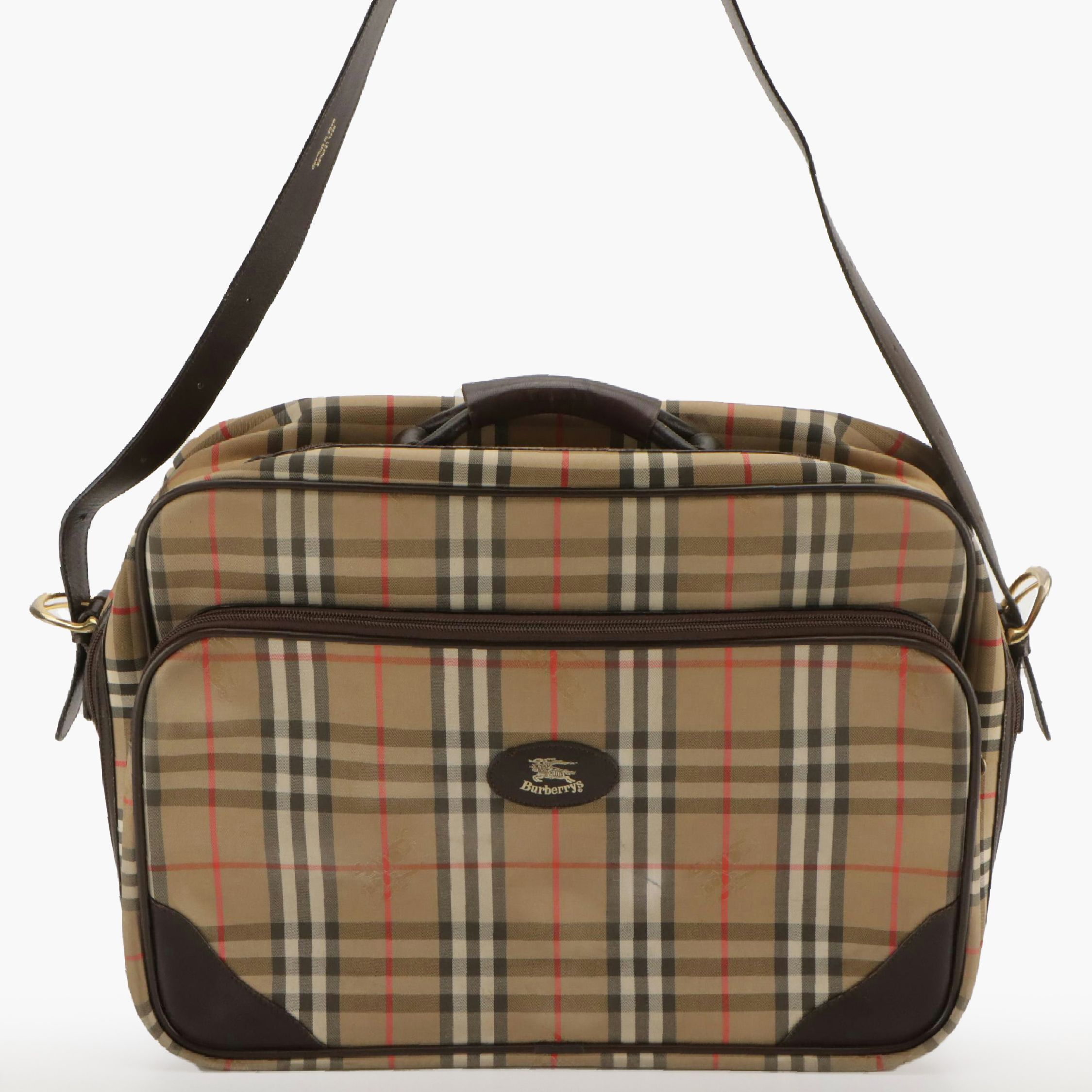 Burberrys Travel Two-Way Bag in Haymarket Check Canvas and Brown Leather