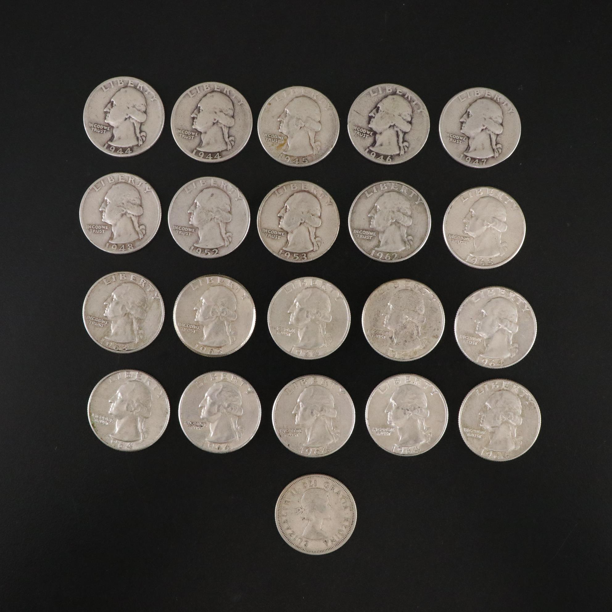Twenty Washington Silver Quarters with One Canadian Silver Quarter
