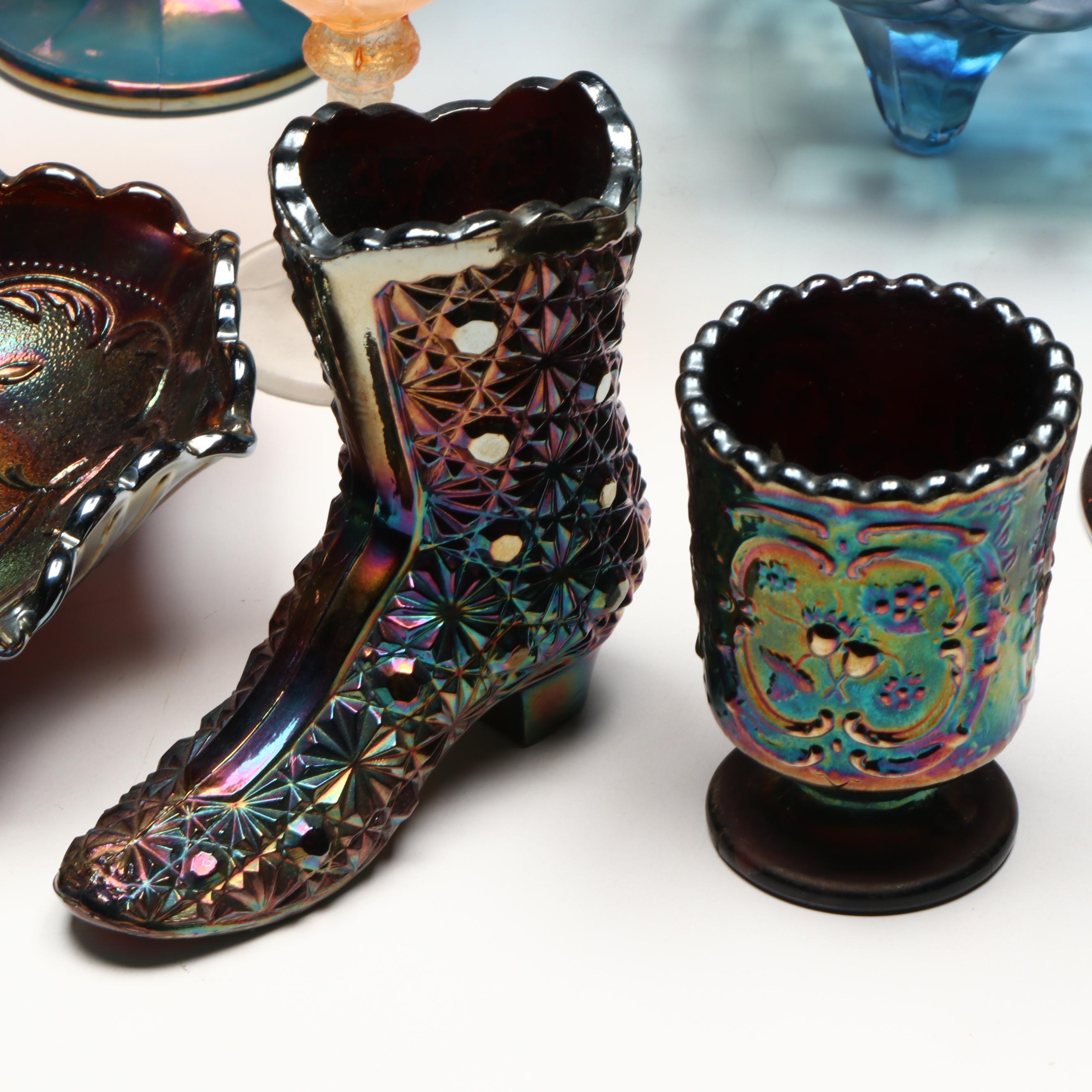 Indiana Glass with Fenton and Other Iridescent Carnival Glass Tableware